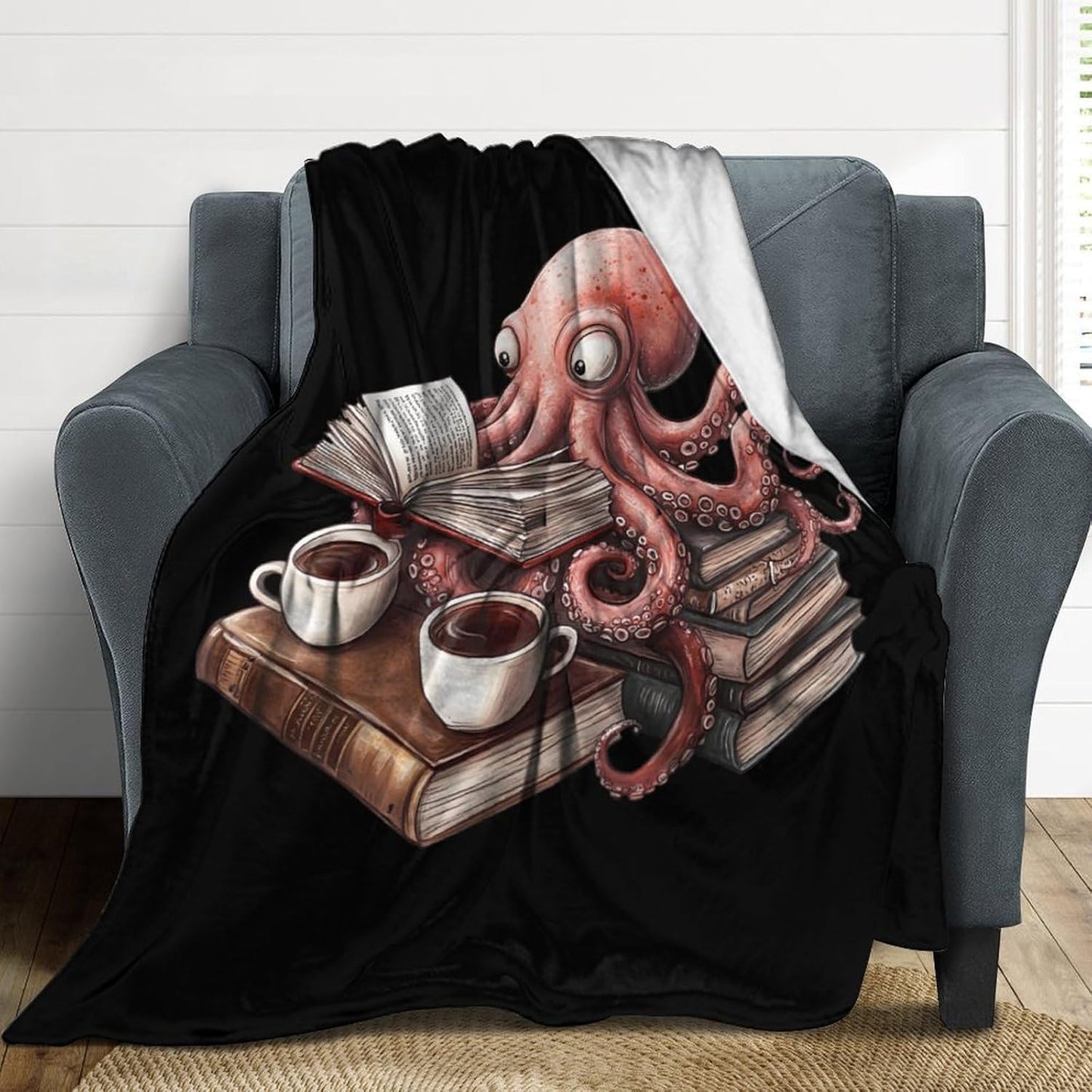 Octopus Reading Book Coffee Flannel Blanket Cozy Fuzzy Plush Throw Blankets for Couch Bed 40"*50" （100 * 130cm）