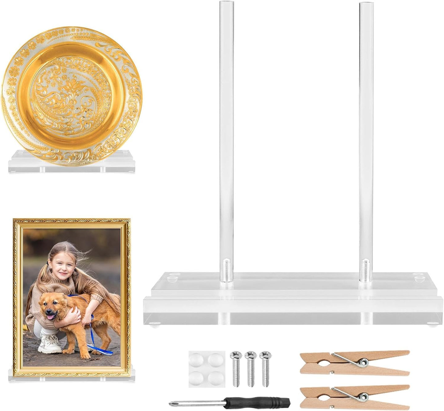 Acrylic Display Stand Set, Tabletop Book Art Display Holder Clear Easel Stand Artwork Storage Rack with Wood Mini Clips for Picture Frame Photo Decorative Plate Record Magazine(COLOR:Transparent)