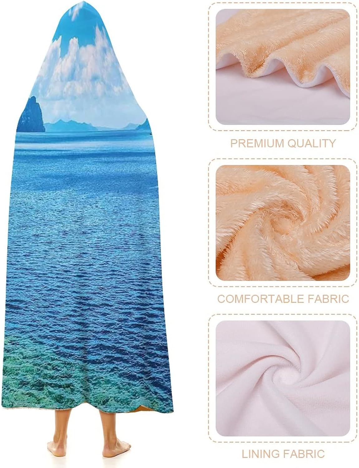 Throw Blankets, Nature Women Men Hooded Blanket, Scenic View Sea Bay and Mountain Islands in, Soft Warm Cozy, 40 x 50inches, Studying Reading Snuggling Napping Office, Blue Green White