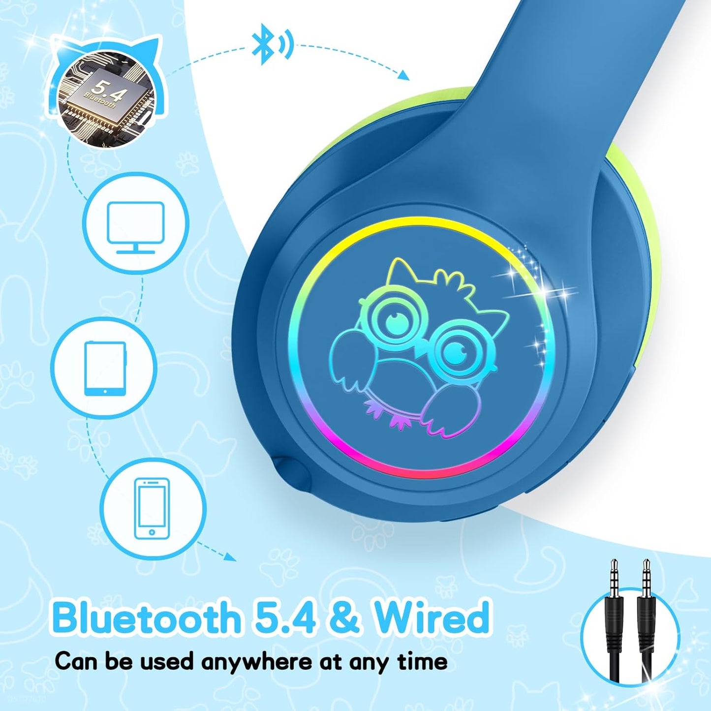 LOBKIN Active Noise Cancelling Headphones for Kids with Case - RGB LED Light Up Foldable Adjustable Over Ear Headphone Support Wireless or 3.5mm Wired Mode for Toddler & Girls & Boys Teens