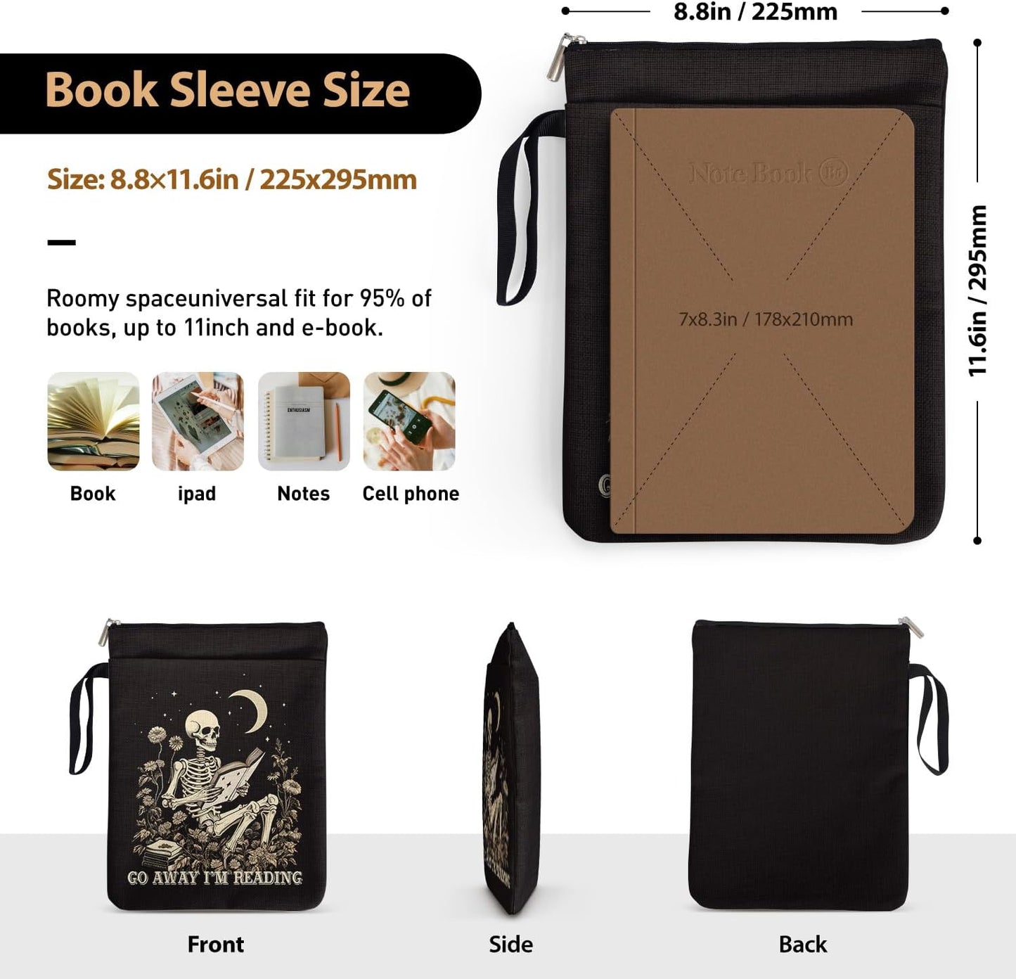 Go Away I'm Reading Book Sleeve for Book Lovers Bookish, Skeleton Gothic Book Cover Gifts for Friends Students Teachers Book Club Bookworm Women Birthday Graduation Reading Day