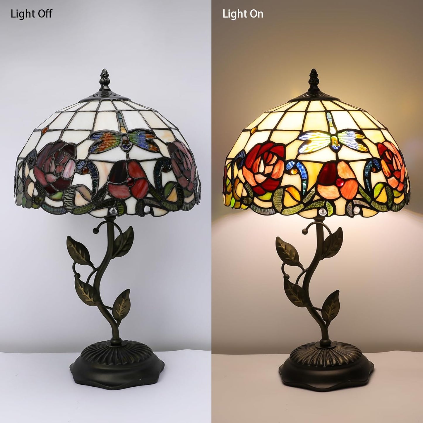 Stained Glass Table Lamp, Adjustable 3 Color Temperature, Dragonfly Rose Style Lampshade & Metal Leaf Antique Base Desk Reading Light 12X12X19 Inches Decor for Bedroom Living Room Office