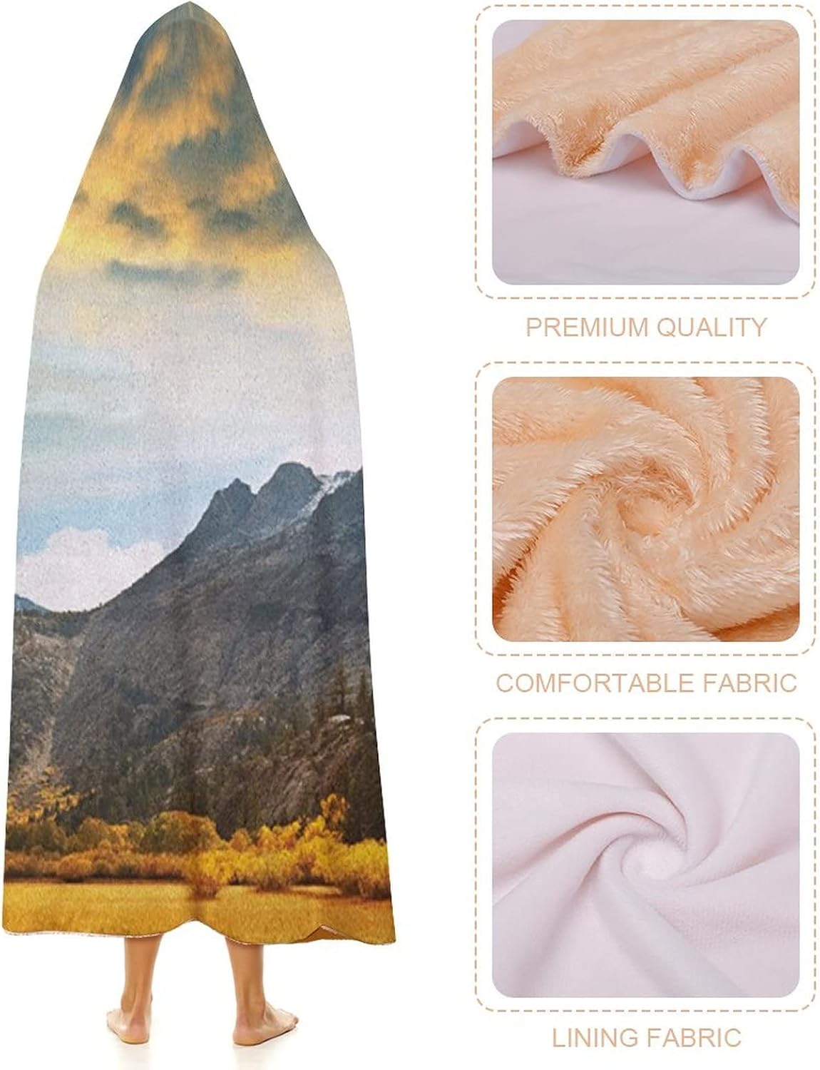 Throw Blankets, Woodland Wearable Hooded Blanket for Adults, Autumn in Mountain Golden Colored Grassland Sun Rays, Soft Warm Cozy, 60 x 80inches, Studying Reading Snuggling Napping Office