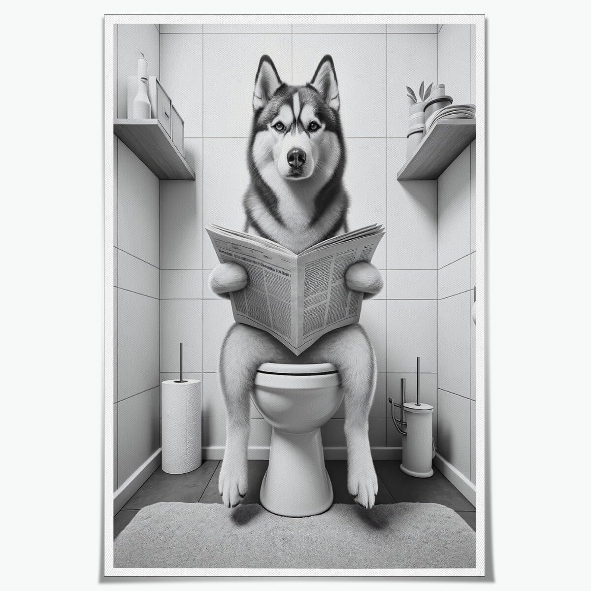 Siberian Husky on the Toilet Reading Newspaper Canvas Print Funny Animal Artwork Prints Aesthetic Posters Home Decor Bathroom Art Wall Decor Unframed12x18inch