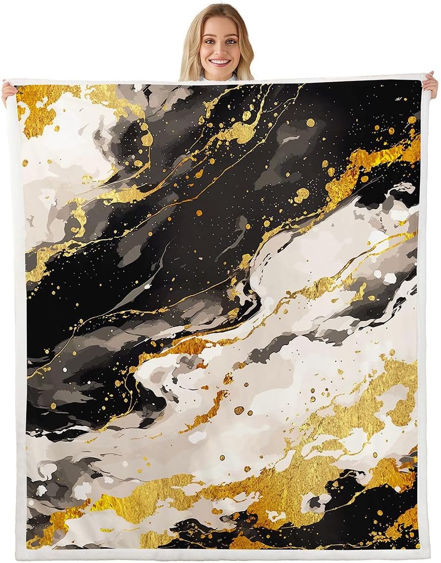 Feelyou Black Gold Sherpa Throw Blanket for Couch Abstract Super Soft Cozy Fleece Marble Blanket for Winter, Plush Throw Throw 50"x60" All Season