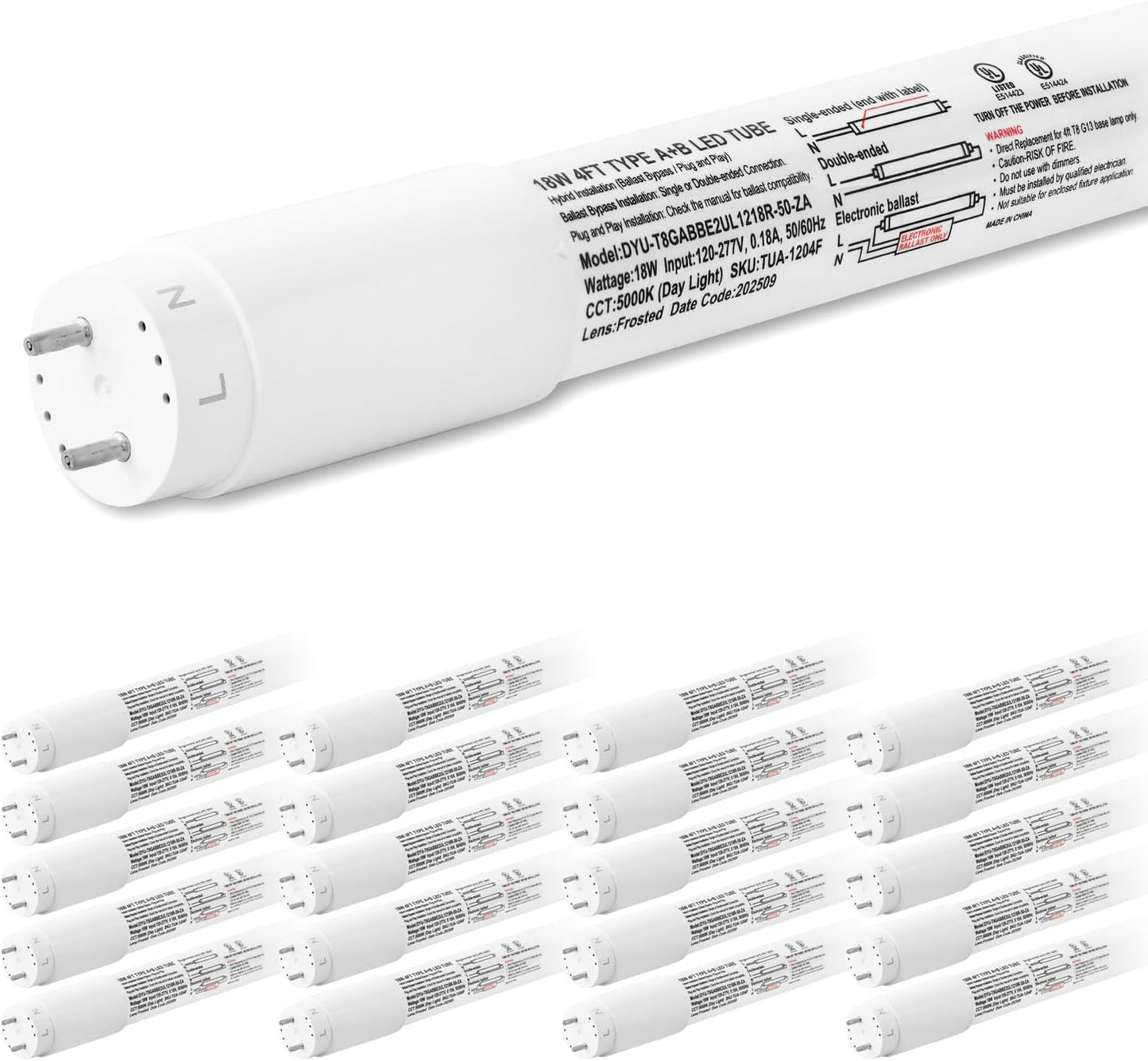 hykolity 20 Pack 4FT LED T8 Hybrid Type A+B Light Tube, 18W, Plug & Play or Ballast Bypass, Single-Ended OR Double-Ended, 5000K, 2400lm, Frosted Cover, T8 T10 T12 for G13, 120-277V, UL Listed