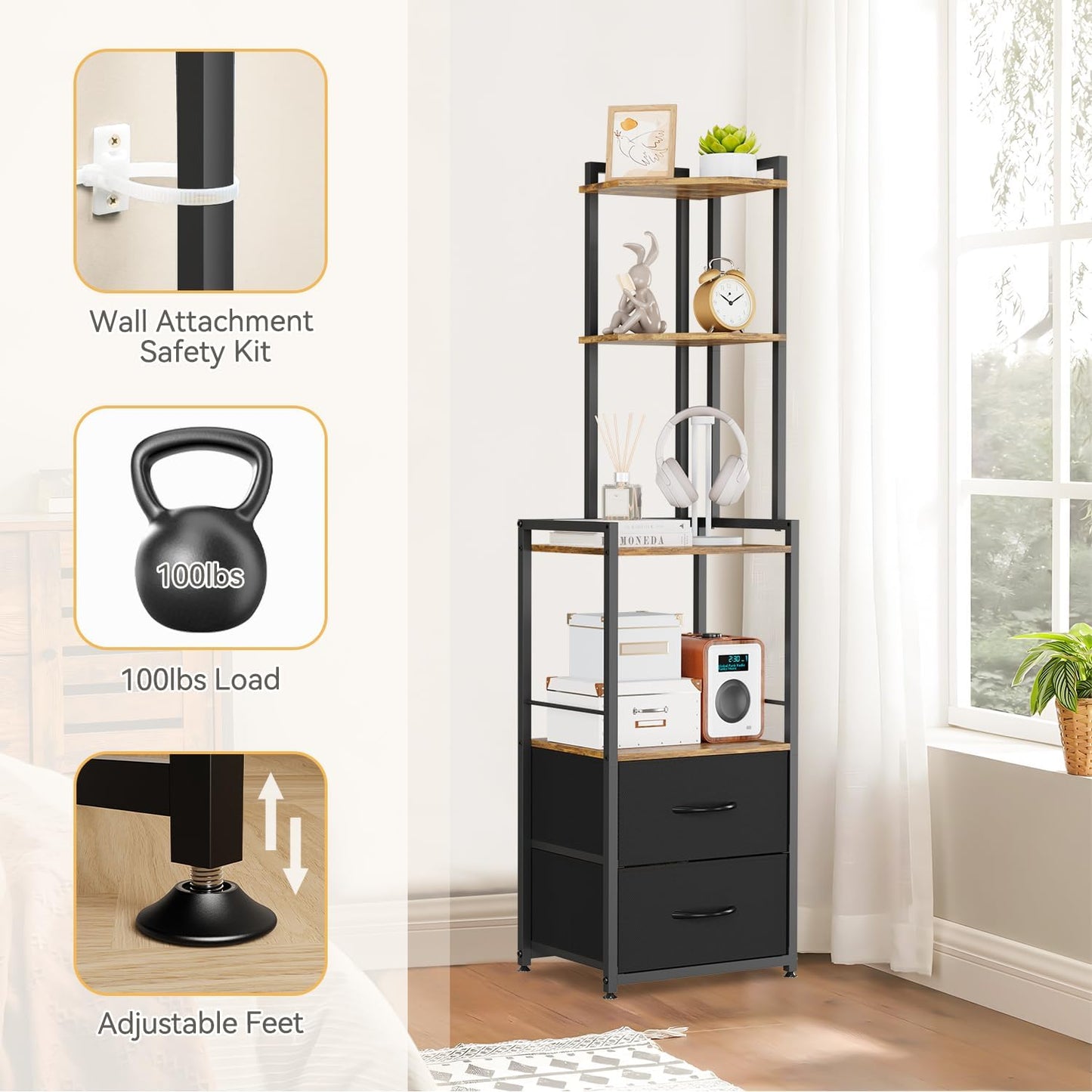 PouHenier.jh 6 Tier Corner Shelf with Drawer, Living Room Rustic Brown 58" Tall Floor Standing Storage Organizer with Anti-tip, Stable Bedroom Nook Space Saving Open Display Antique Ladder Stand Unit