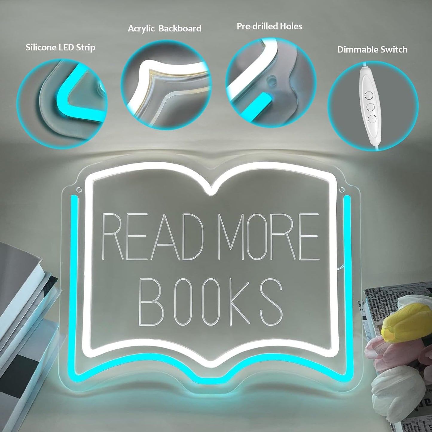 Read More Books Neon Sign, Dimmable LED Reading Neon Light USB Powered for Library Classroom Bookstore Decor, Reading Room Wall Sign for Study Room Bookshelf, Book Lover Gift (Ice Blue)