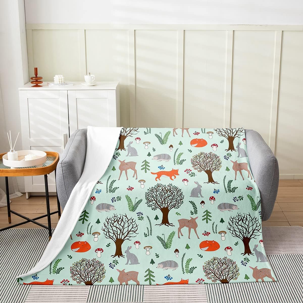Erosebridal Farm Animals Fleece Blanket Throw Size, Cartoon Rabbit Deer Fox Hedgehog Fuzzy Blanket for Kids Boys Girls, Mushroom Tree Woodland Decor Flannel Blanket, Soft Cozy Throw Blanket, Green