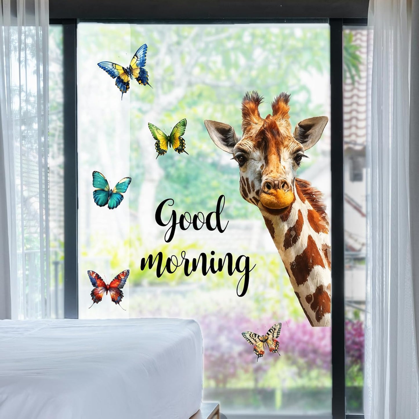 PLIGREAT Cartoon Giraffe Window Clings, Colorful Butterfly Window Stickers Good Morning Giraffe Peel and Stick Windows Decals for Living Room Bedroom School Glass Door Home Decoration