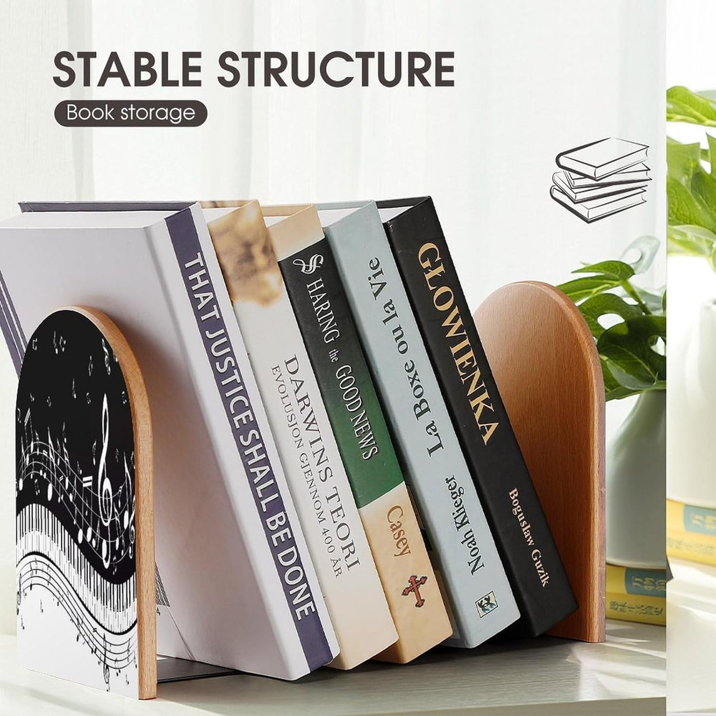 Black White Music Note Wooden Bookend Non-Slip Book Ends Heavy Duty Book Stopper with Metal Base Books Holderd Decorative Bookends Stands Firmly for Office Supplies