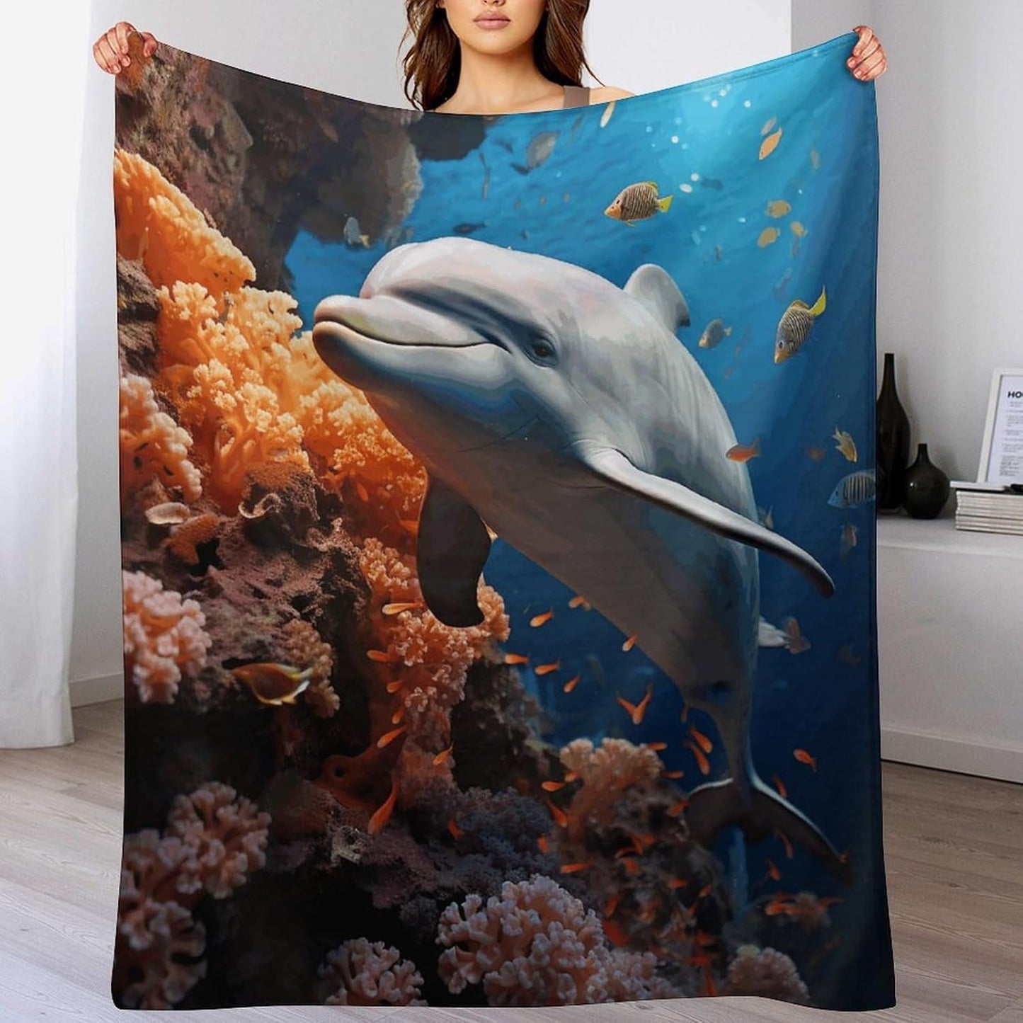 Dolphin On Coral Throw Blanket for Couch Super Soft Warm Lightweight Throw Blankets Cozy Flannel Bed Blanket Cute Decorative Blankets for All Seasons Home Decor Gift 60"*80"（150 * 200cm）