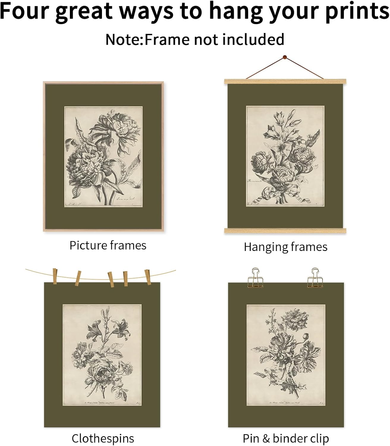 Vintage Floral Wall Art Sketch Flower Prints Antique Botanical Canvas Wall Art Decor Vintage Etchings Floral Poster Green Botanical Painting Sage Green Artwork for Bedroom 12x16x6 Inch Unframed