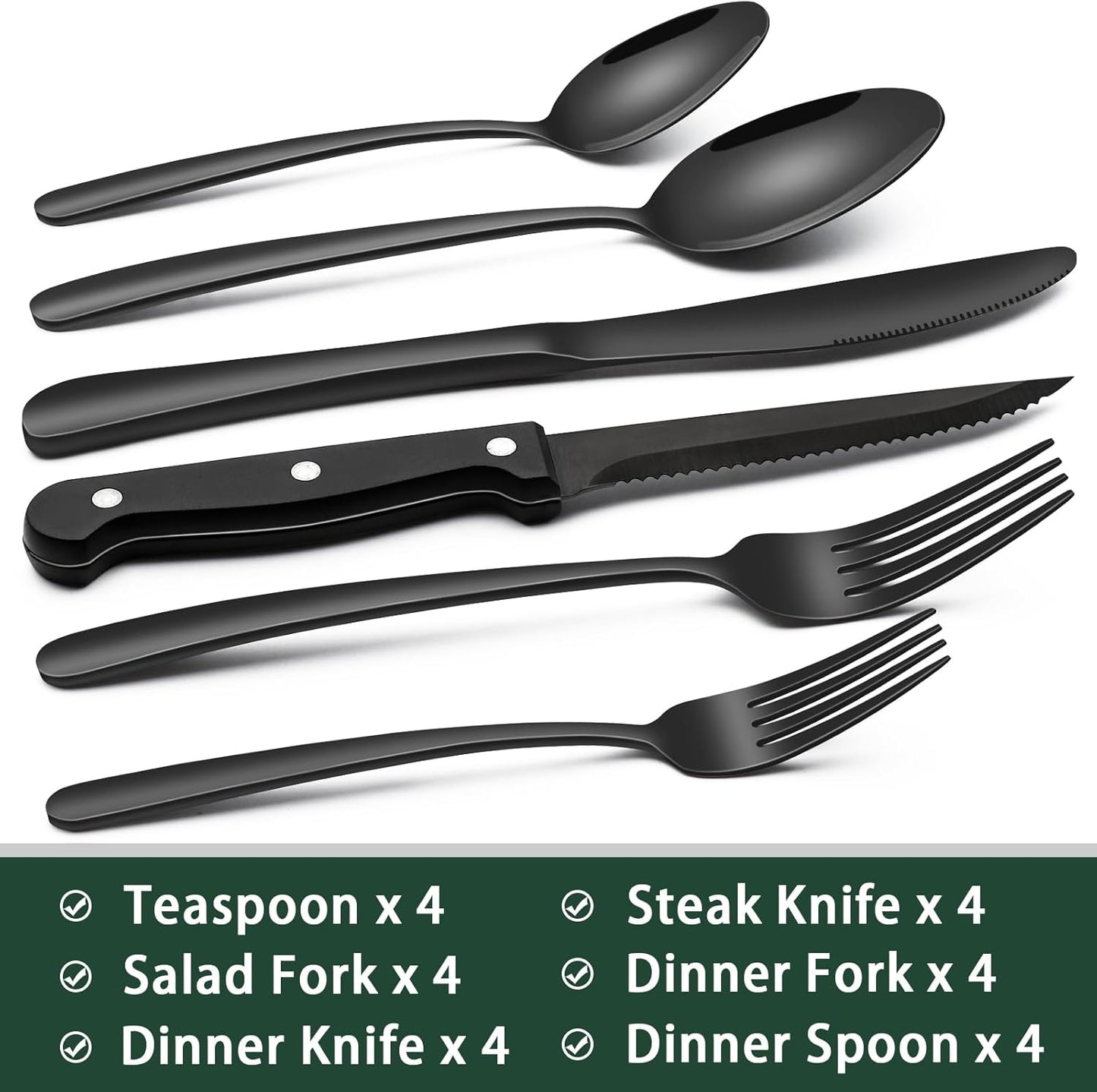 EWFEN 24-Piece Black Silverware Set with Steak Knives, Black Flatware Set for 4, Food-Grade Stainless Steel Tableware Cutlery Set, Mirror Finished Utensil Sets for Home Restaurant, Heavy Duty