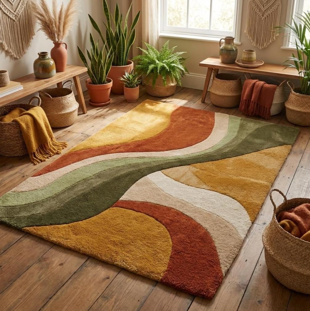 Retro Wave Area Rug, Multicolor Abstract Curved Stripes, Mustard Yellow Rust Orange Olive Green Cream, Modern Bohemian Style (12 * 18 feet)