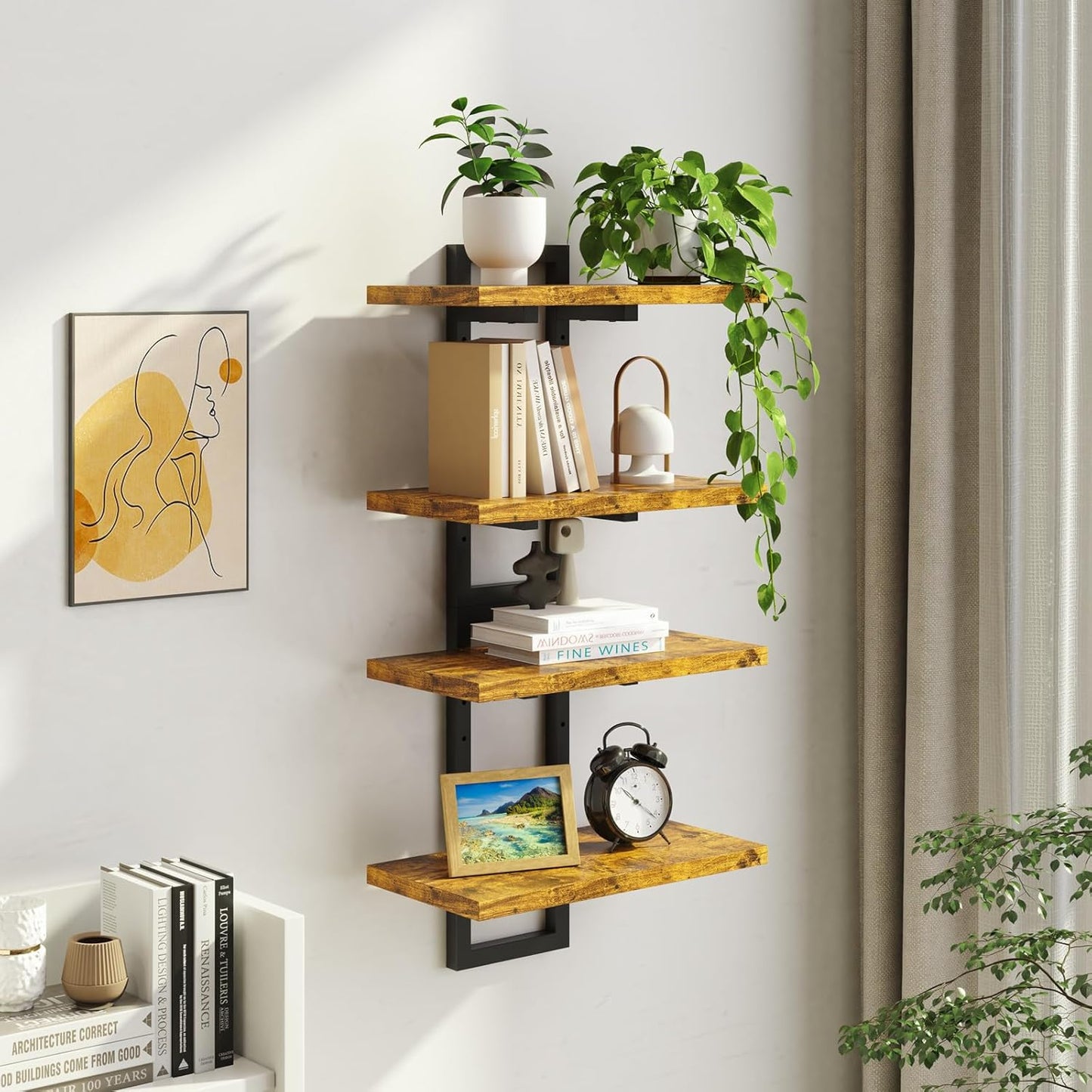 Floating Shelves, Set of 2 Wall Shelves, 2-Tier Wall Mounted Storage Shelves, Adjustable Floor Height, Hanging Bathroom Shelves, for Living Room, Bedroom, Bathroom, Kitchen, Rustic Brown and Black
