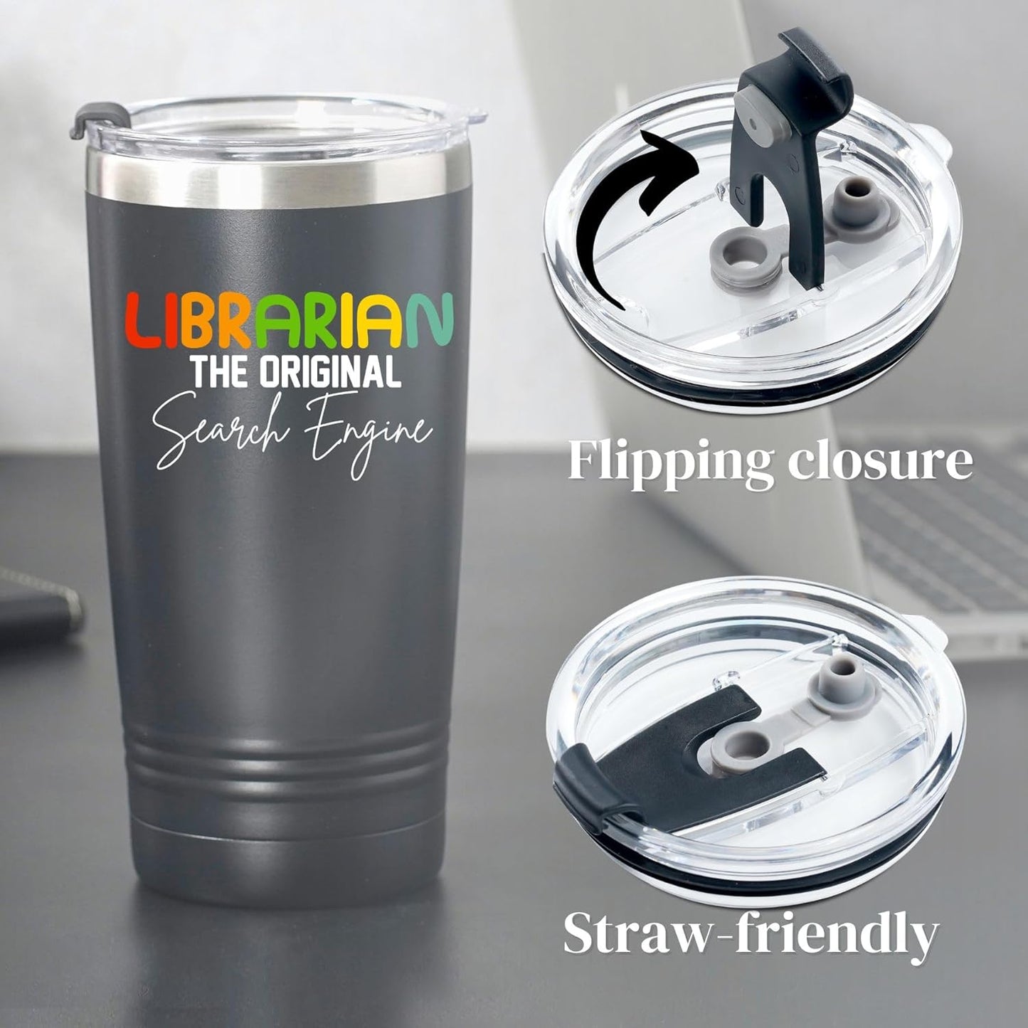 Librarian Gifts for Women, The Original Search Engine, Black 20 oz Insulated Stainless Steel Tumbler
