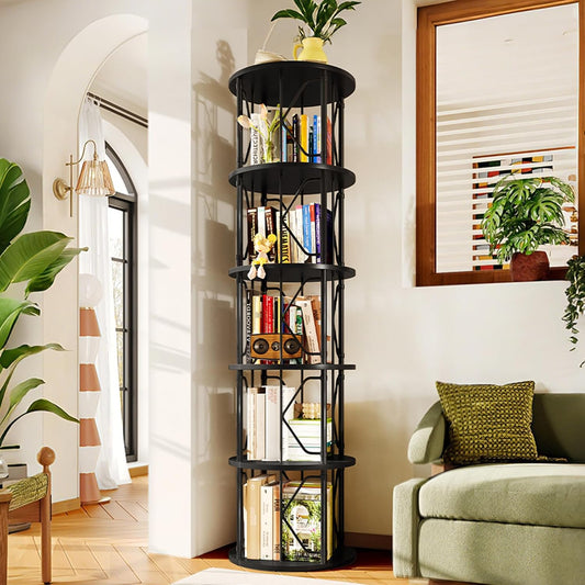 5 Tier Rotating Bookshelf Tower, Revolving Bookcase, 360° Round Spinning Book Shelf, Narrow Swivel Bookshelves Vertical Turning Corner Bookshelf Organizer for Bedroom, Living Room, Black