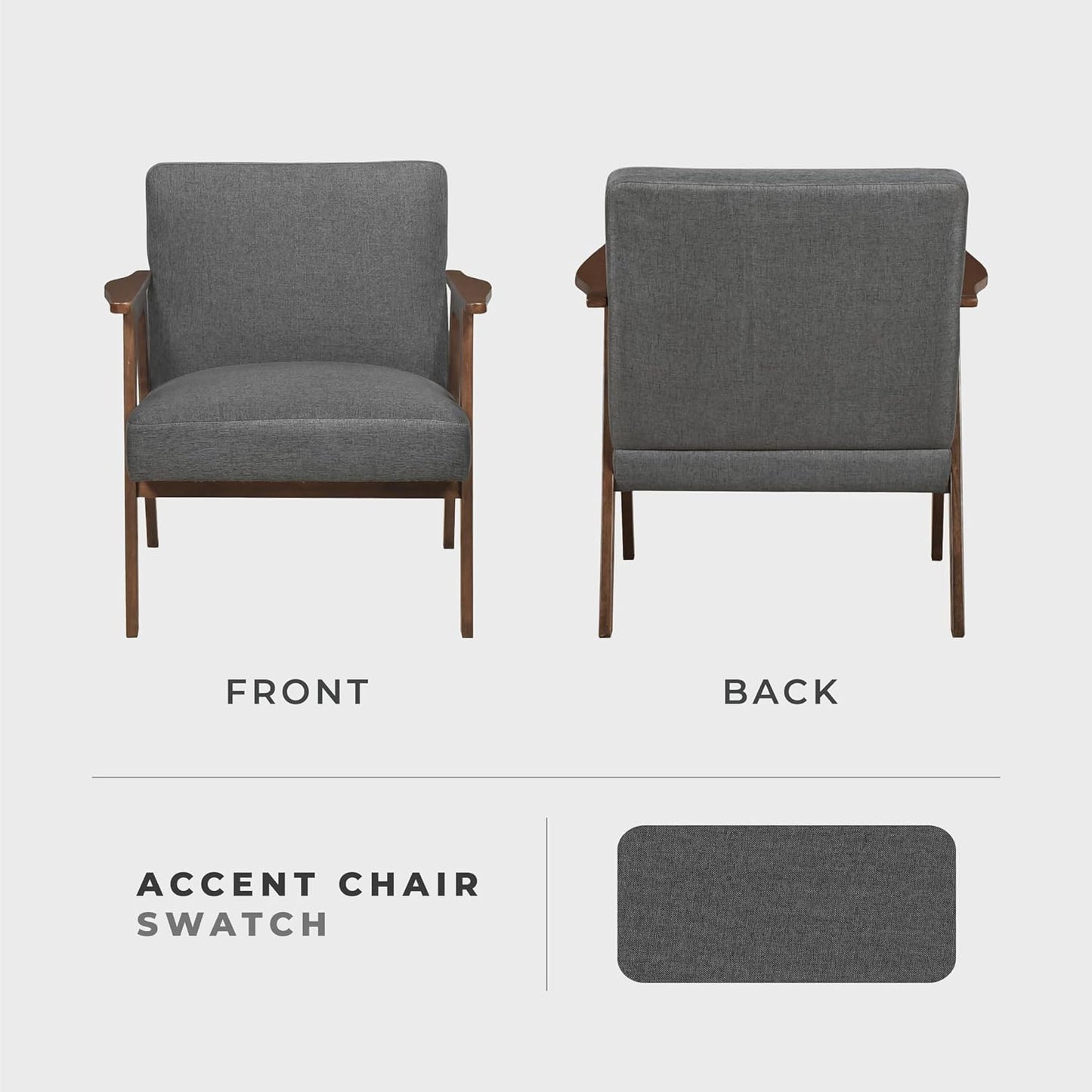 Lexicon Mid Century Modern Accent Chair, Upholstered Lounge Armchair, Single Sofa Seat, Brown Finish Solid Wood Framed Comfy Side Chairs for Living Room/Bedroom/Office/Waiting Area, Dark Gray