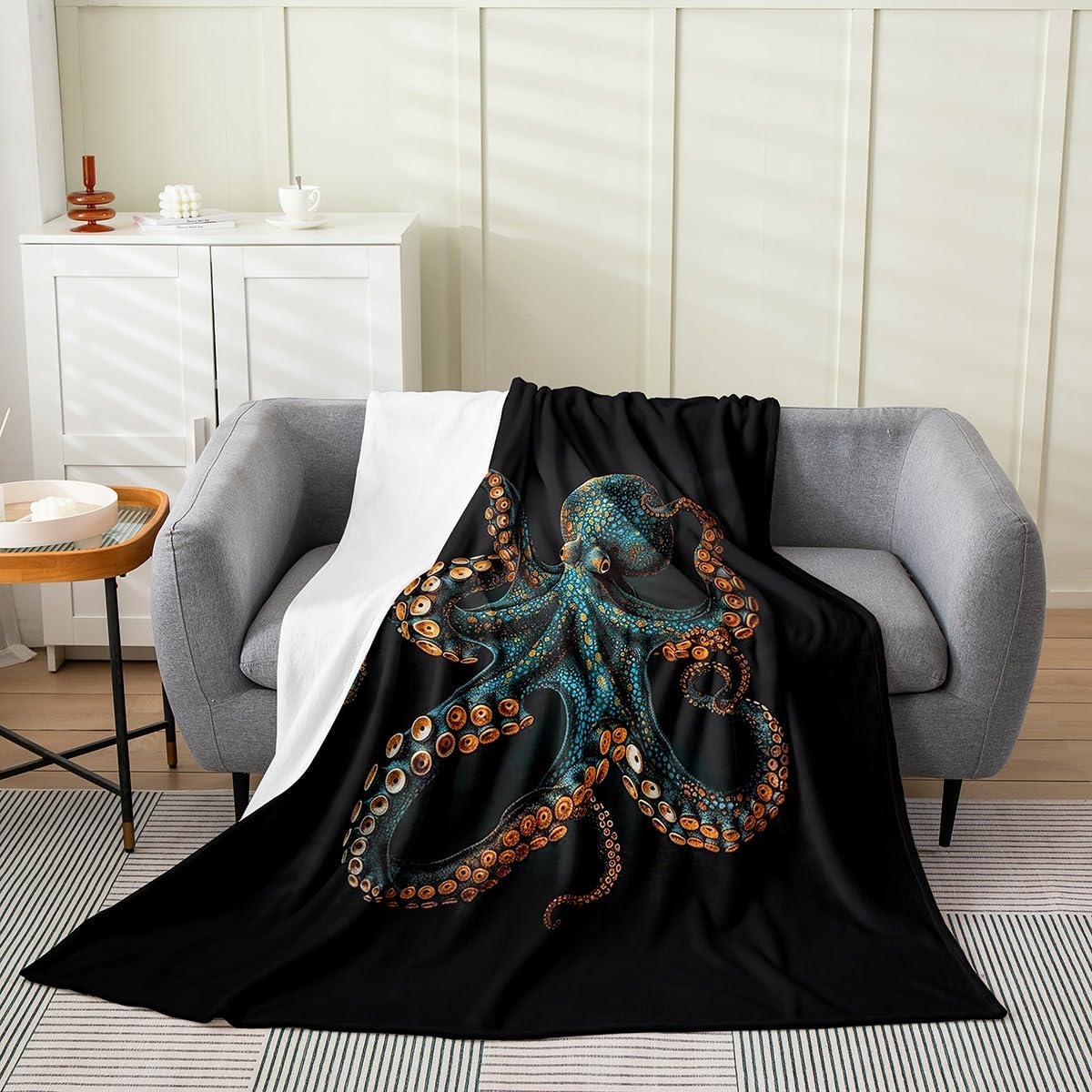 Feelyou Blue Black Octopus Flannel Fleece Throw Blanket Queen 90"x90" Tentacles Fuzzy Blanket for Sofa Couch Room Decor Ocean Kraken All Season Bed Blanket Sealife Sea Animal Plush Blanket