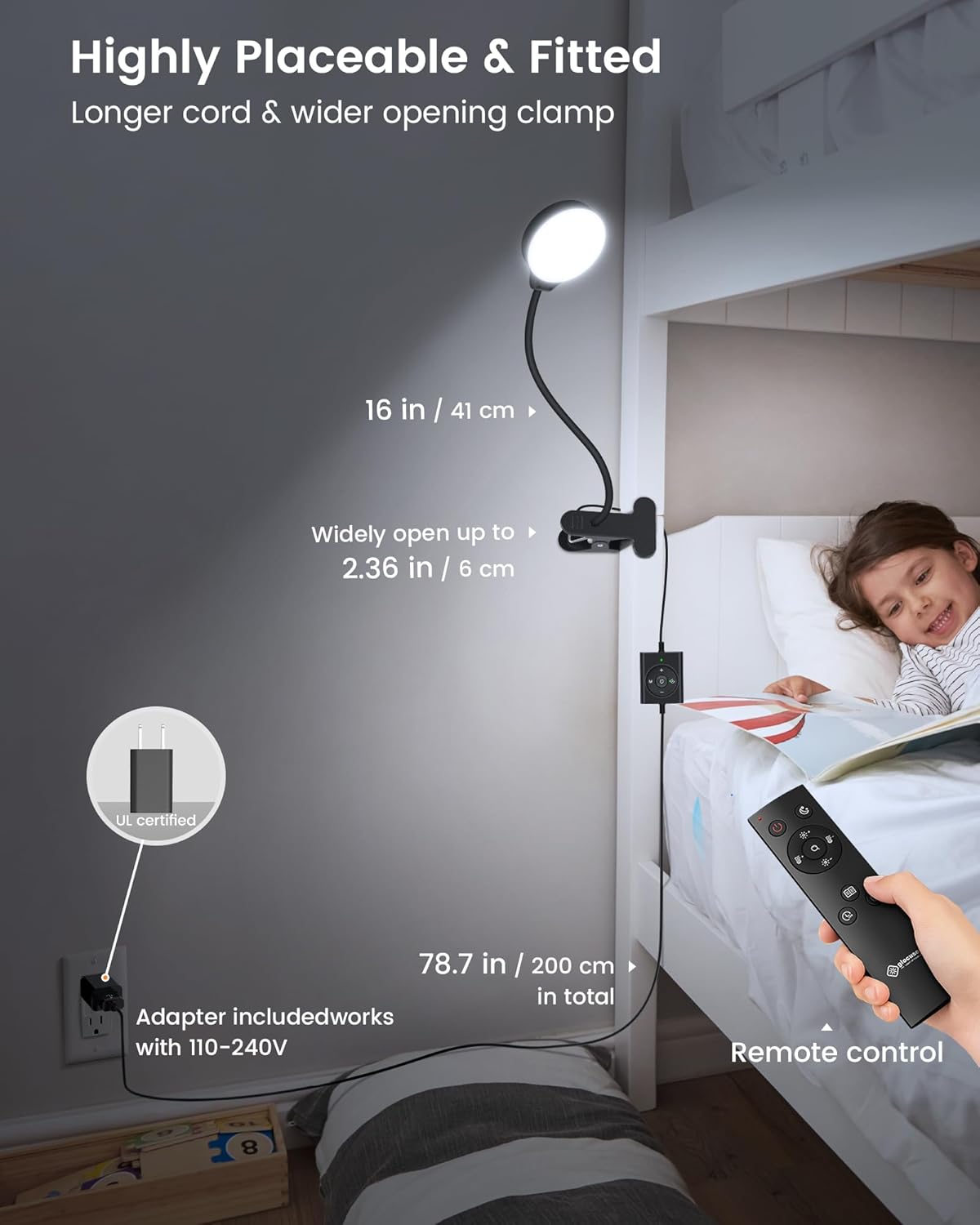 Glocusent 5W Reading Light for Bed, 36 LED Eye Caring Bed Lamp, 3 Colors & 5 Brightness Levels for Headboard with Adapter, Perfect Clip on Light for Reading, Working & Studying (Black with Remote)