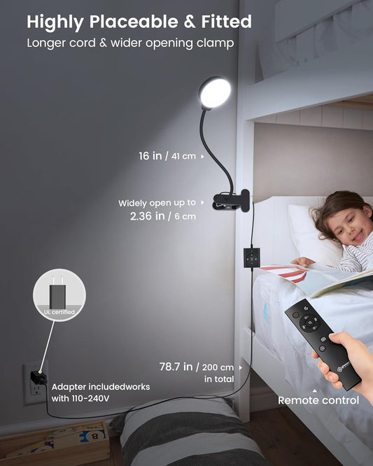 Glocusent 5W Reading Light for Bed, 36 LED Eye Caring Bed Lamp, 3 Colors & 5 Brightness Levels for Headboard with Adapter, Perfect Clip on Light for Reading, Working & Studying (Black with Remote)