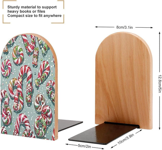 Christmas Candies Bookends 1 Pair Heavy Duty Book Ends for Shelves Non-Skid Bookend Supports Wooden Book Holders with Metal Base Desk Organizers Books Storage to Hold Books