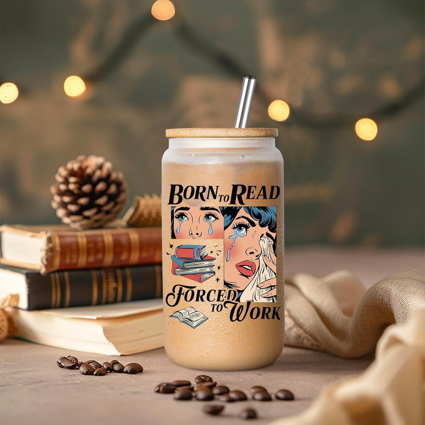 LEADO 16 oz Born to Read Glass Cup - Gifts for Book Lovers Women, Romance Readers - Birthday, Mothers Day, Book Lover Gifts for Women Unique - Reading Accessories, Bookish Ice Coffee Cup for Bookworm