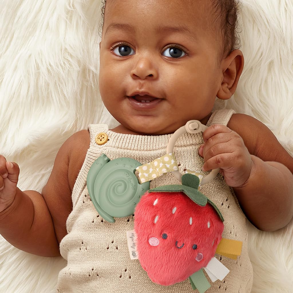 Itzy Ritzy Infant Toy & Teether - Itzy Pal Baby Teething Toy Includes Lovey, Crinkle Sound, Textured Ribbons & Silicone Teether Toy for Newborn (Strawberry)