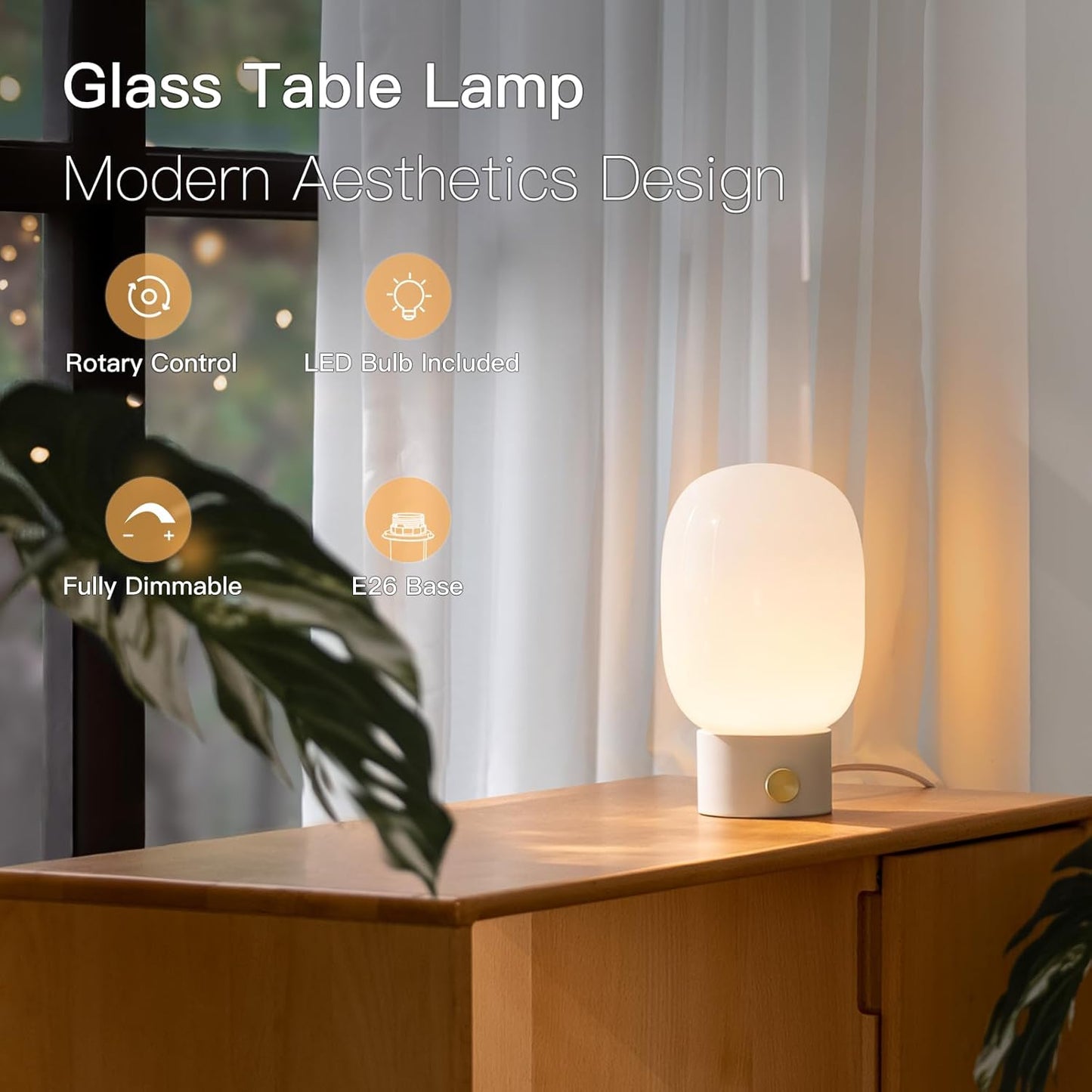 ONEWISH Bedside Table Lamp, Modern Small Desk Light with Warm LED Bulb, Fully Dimmable Nightstand Lamp for Home Decor, Birthday Gift