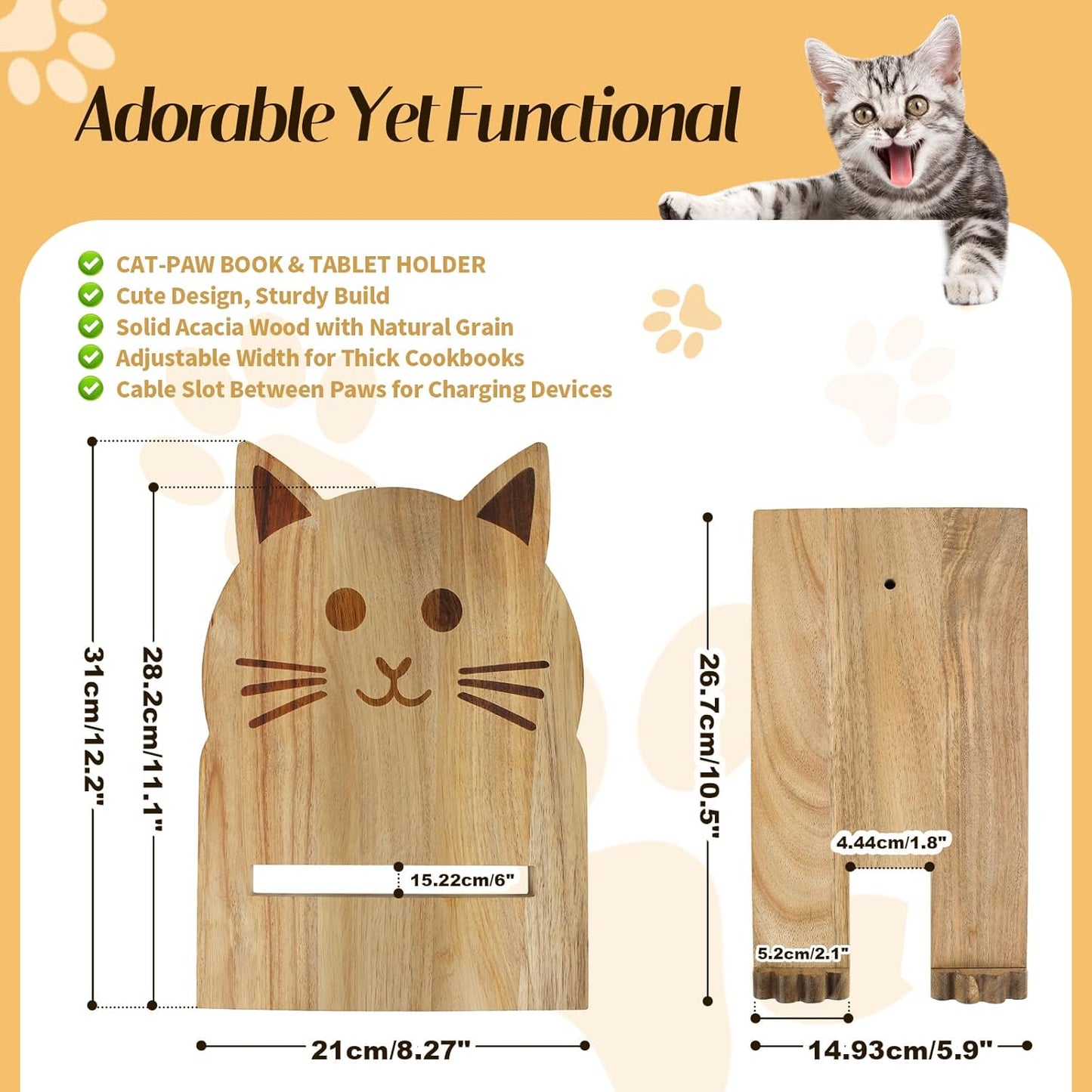 Cat Shaped Wooden Cookbook Stand - Adjustable, Hands-Free Recipe Holder for Kitchen with iPad & Music Rest
