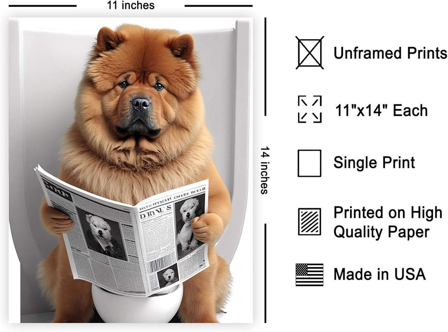 Poster Master Chow Chow Sitting on Toilet Poster - Dog Reading a Newspaper Print - Dog Art - Gift for Him, Her, Animal Lover - Fun Decor for Bedroom, Bathroom, Restroom - 11x14 UNFRAMED Wall Art