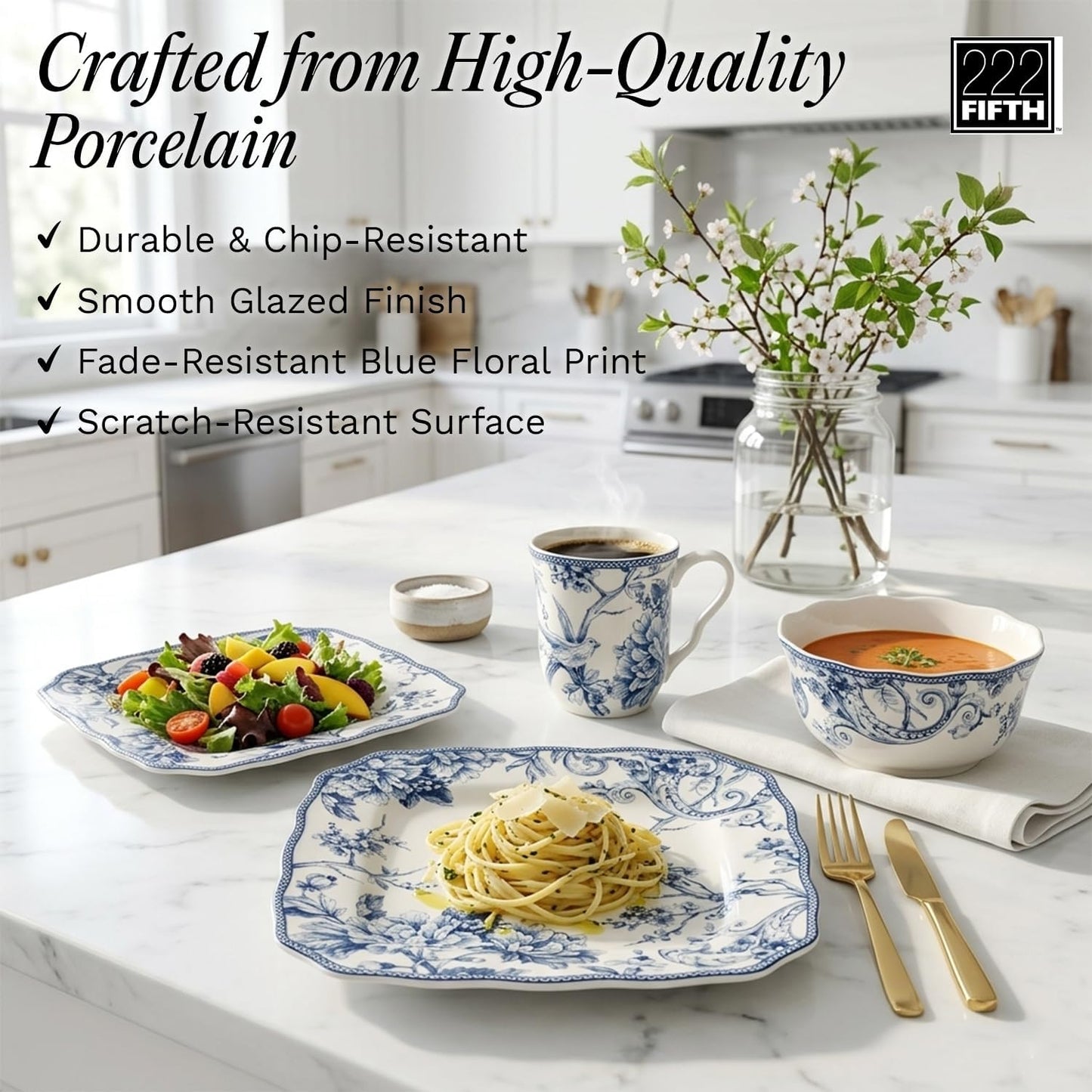 222 Fifth Adelaide 16-Piece Floral Porcelain Dinnerware Set | Microwave and Dishwasher Safe Dining Set for 4 | Stackable and Chip-Resistant Plates Bowls and Cups | Gift for Housewarming and Wedding