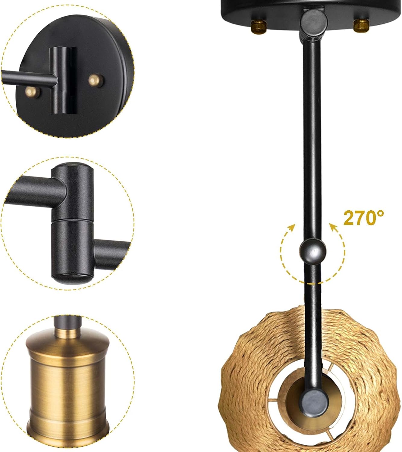Plug in Wall Sconces, Swing Arm Wall Lamp with Natural Paper String Lampshade Set of 2, Bronze Head, Vintage Adjustable Wall Mounted Sconce Wall Light Fixture for Bedroom,Bedside,Kitchen,Living Room