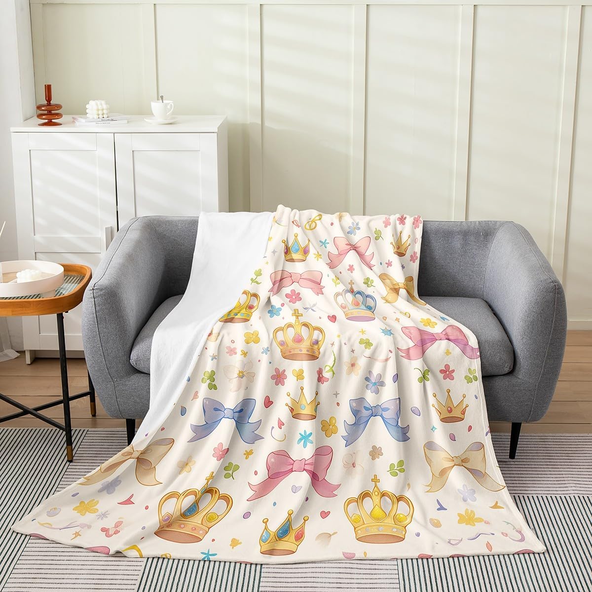Erosebridal Cartoon Crown Blanket Baby 30x40, Cute Bow Knot Microfiber Throw Blanket, Kawaii King Queen Printed Kids Girls Fleece Blanket for Sofa Bed, Yellow Blue Flowers All Seasons Fuzzy Blanket