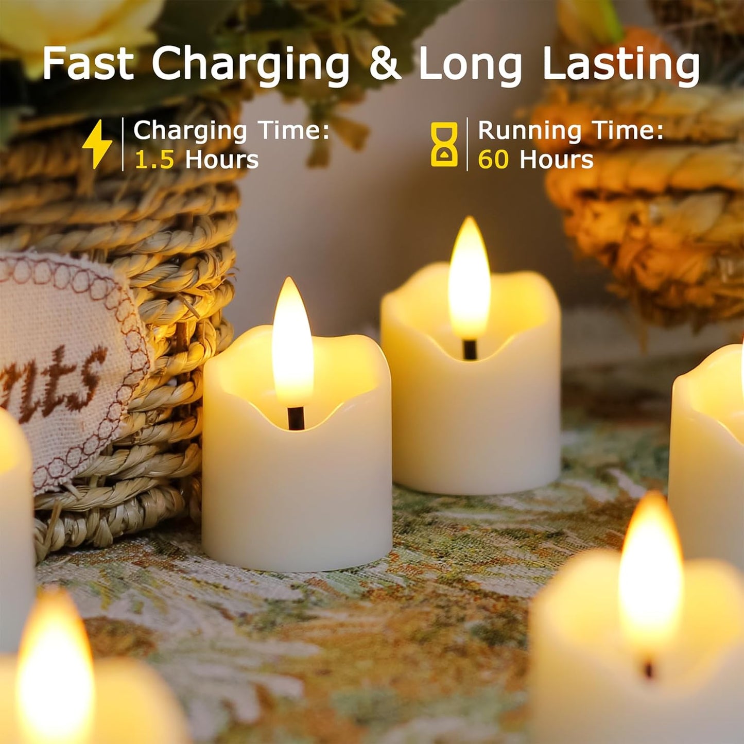 Rechargeable Flameless LED Remote 1.6" x2.3" Tea Light Candles, Flickering Fake Plastic Ivory Cycle Timer 6 Pack Small Mini Votive Tealight Candles with Charging Cable