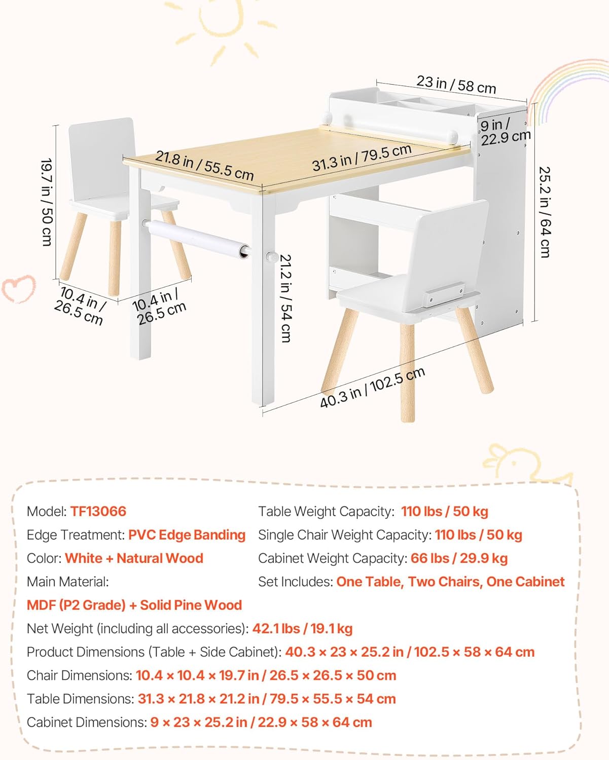 VEVOR Kids Art Table and Chair Set, Toddler Craft Table with 3 Tiers Storage Cabinet, Wooden Kids Activity Play Desk with 2 Chairs, Art Craft Play Desk for Reading, Learning, Drawing, Writing, White
