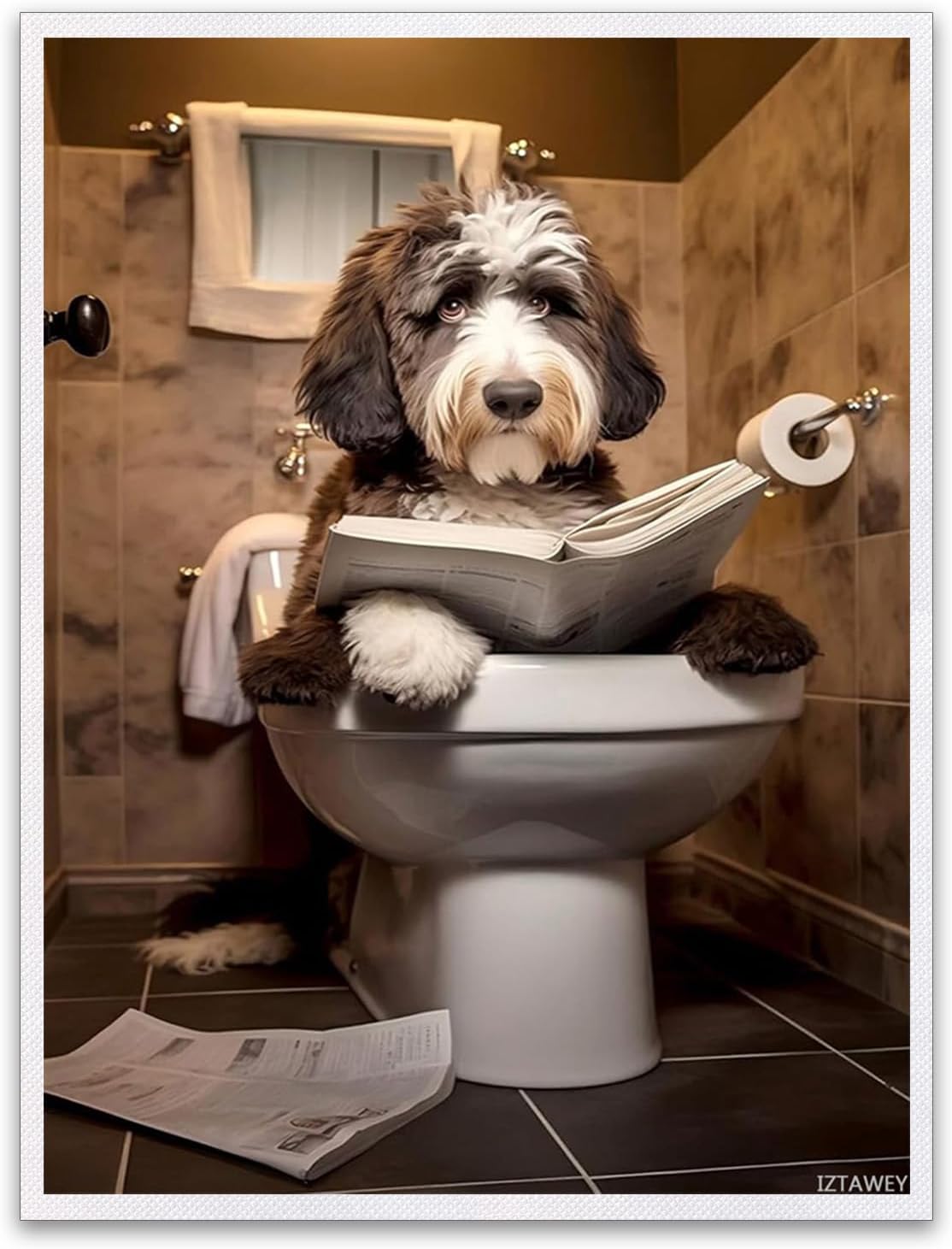 Funny Dog Sitting on The Toilet Wall Art, Bernedoodle Dog Humorous Canvas Print Decorations Artwork for Living Room, Bathroom Unframed 12x16inch