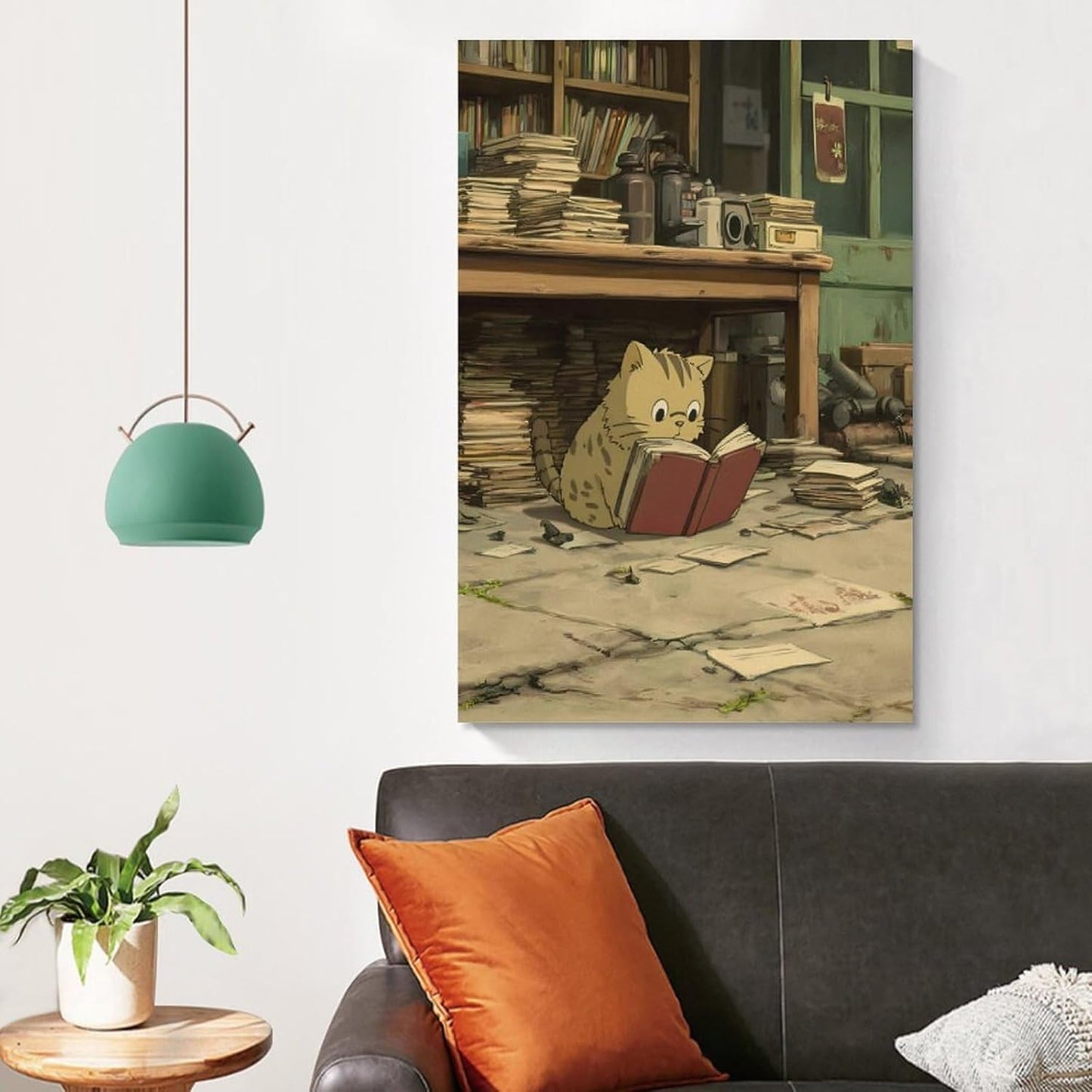 Kitten Sitting Room Full Books Clutter Seriously Reading Red Book Canvas Wall Art Living Unframe-style-2 08x12inch(20x30cm)