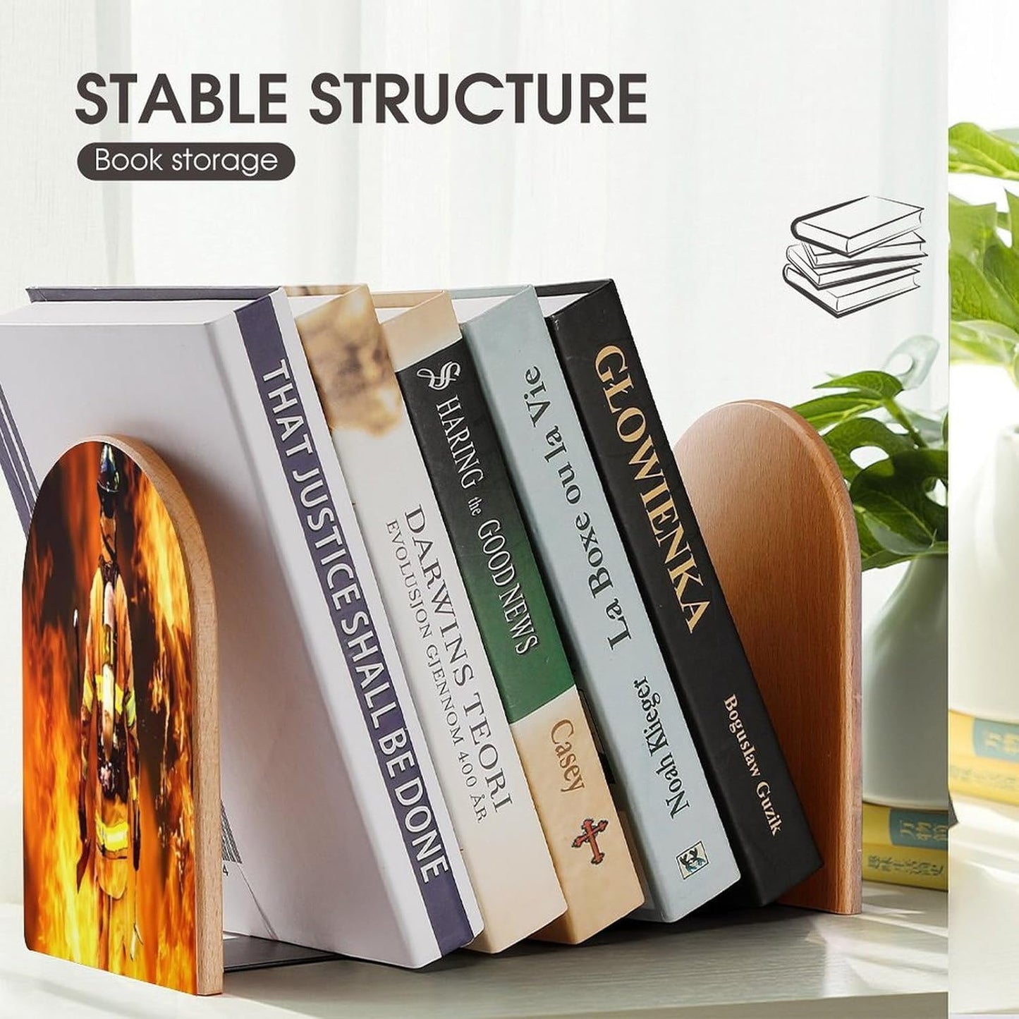 Firefighter Fireman Flame Wooden Bookend Non-Slip Book Ends Heavy Duty Book Stopper with Metal Base Books Holderd Decorative Bookends Stands Firmly for Office Supplies