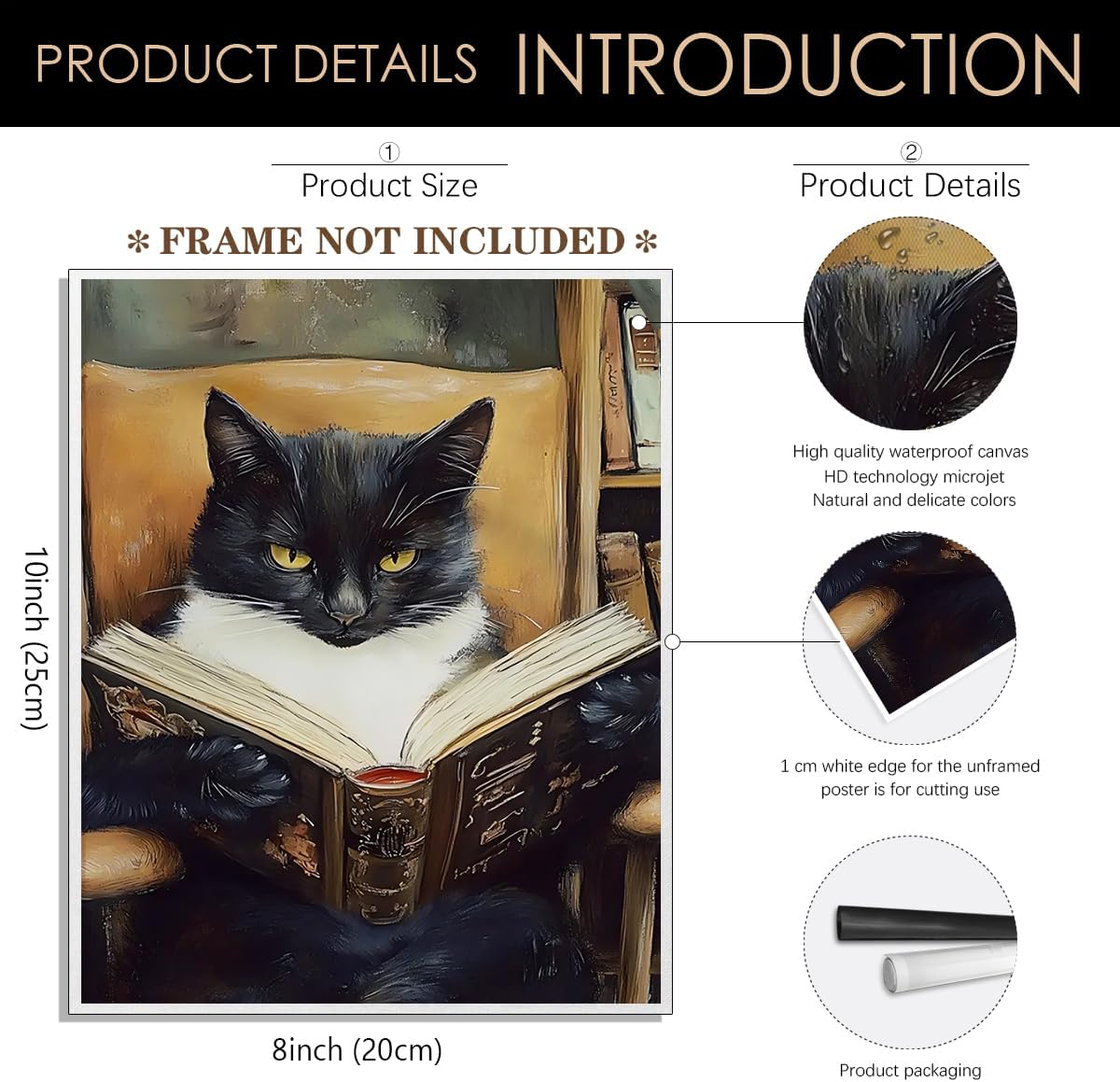 Heltrappe Funny Tuxedo Cat Reading Book Wall Art Poster Vintage black cat Painting library reading nook Book Room Dark Academia Aesthetic Kitten Art Wall Decor 08x10in Unframed