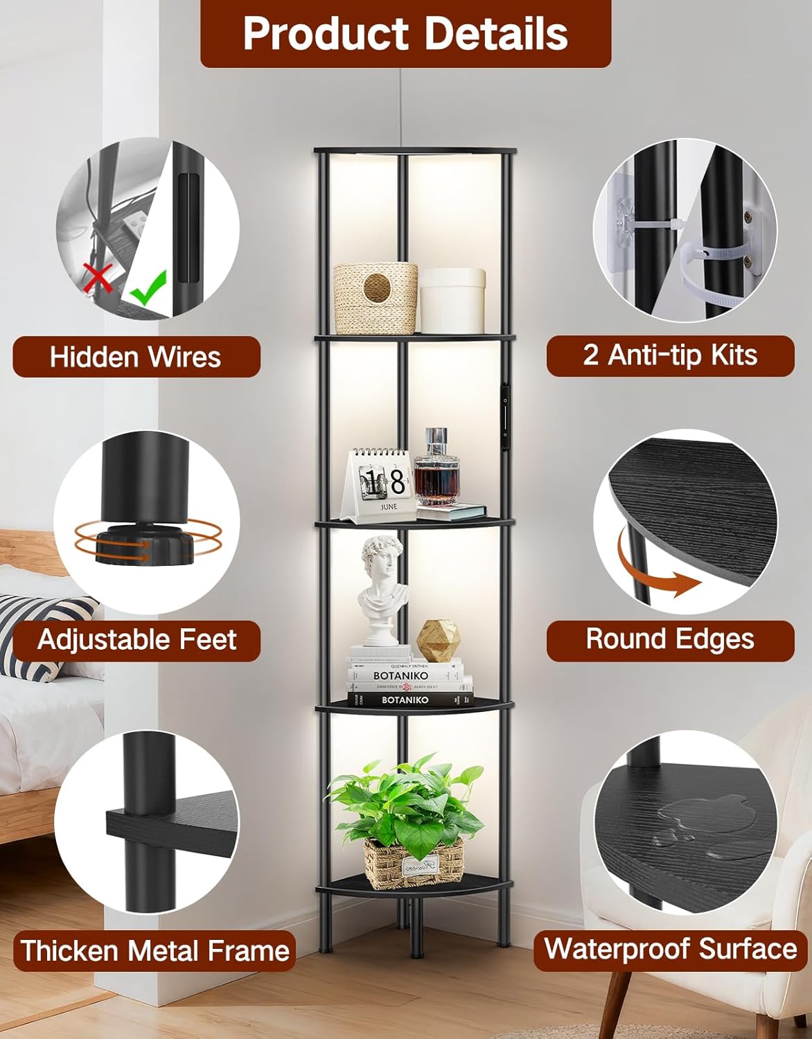 5 Tier Corner Shelf with LED Light, Touch & Remote Control, Dimmable Narrow Corner Bookshelf with 3 Color Temperature, 1-Hour Timer, Display Shelves for Living Room, Bedroom(Black)