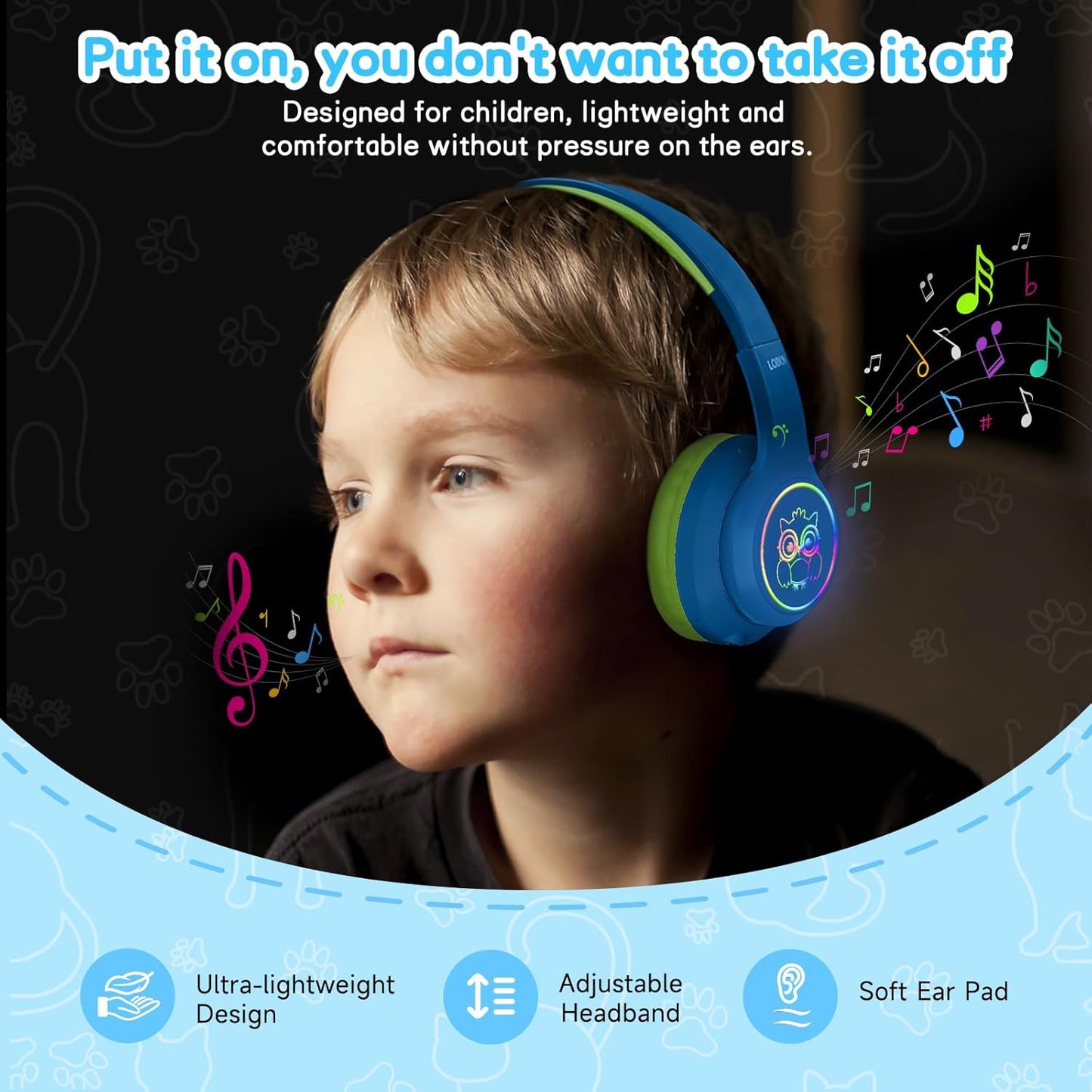 LOBKIN Active Noise Cancelling Headphones for Kids with Case - RGB LED Light Up Foldable Adjustable Over Ear Headphone Support Wireless or 3.5mm Wired Mode for Toddler & Girls & Boys Teens