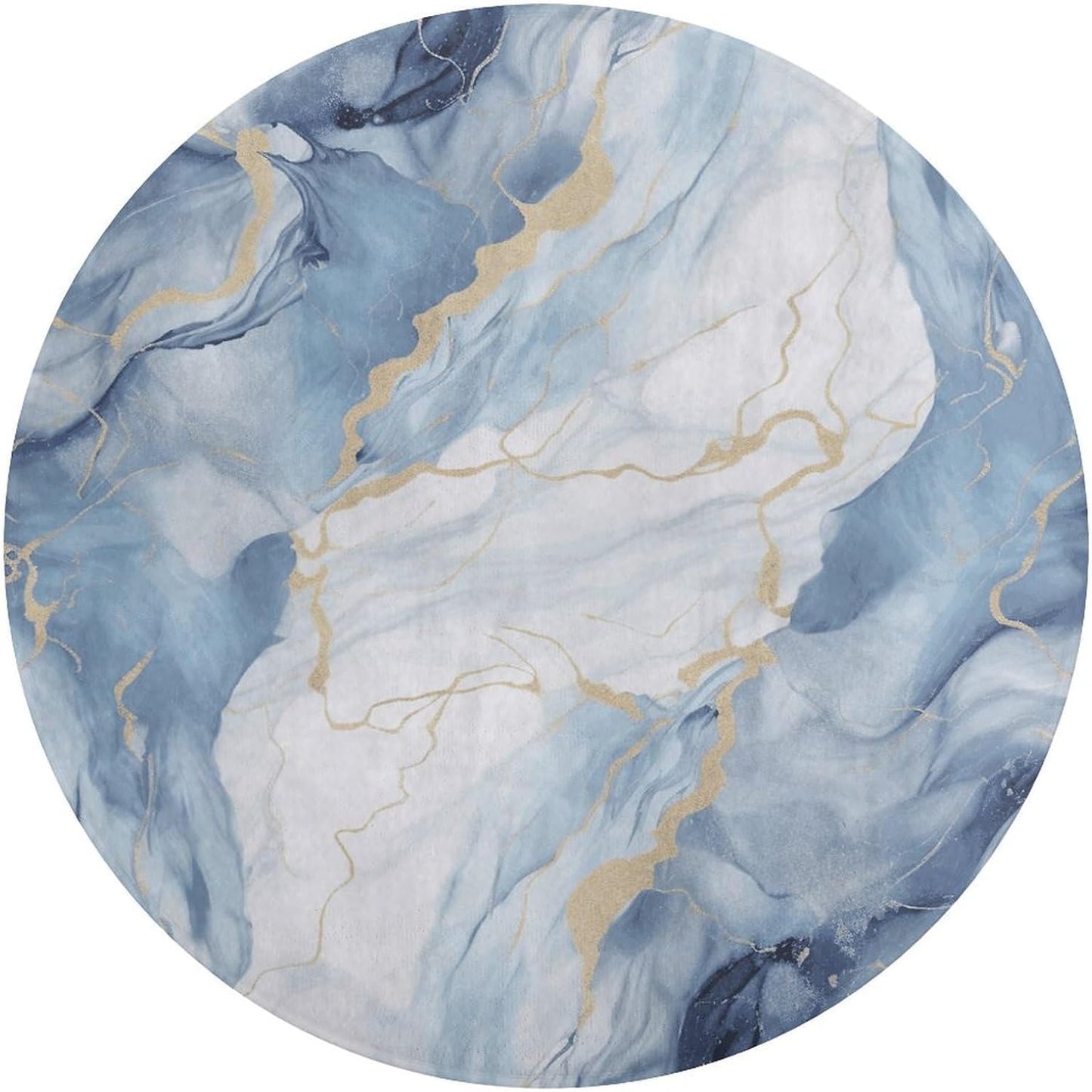 White Blue Marble Circle Rug Retro Luxury Coral Velvet Floor Mat Non Slip Soft Indoor Floor Carpet Comfy Thickened Area Rugs Modern Aesthetic Minimalist Carpets for Home Decor