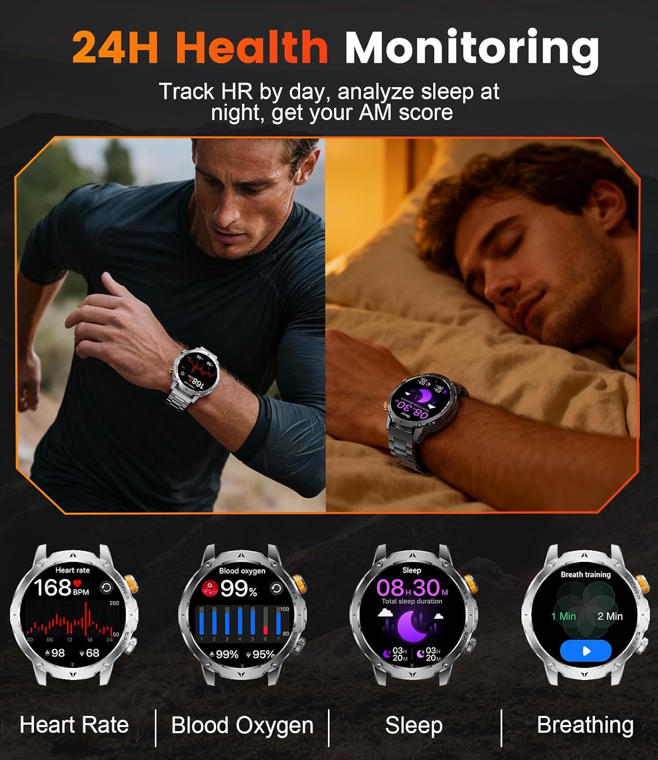 LIGE Military Smart Watches for Men(3 Bands),1000mAh Battery/1.7" HD Large Screen Smartwatch, Flashlight/120+ Sports Modes/Sleep Monitor, 5ATM Waterproof Fitness Tracker Watch for Android iOS,Black