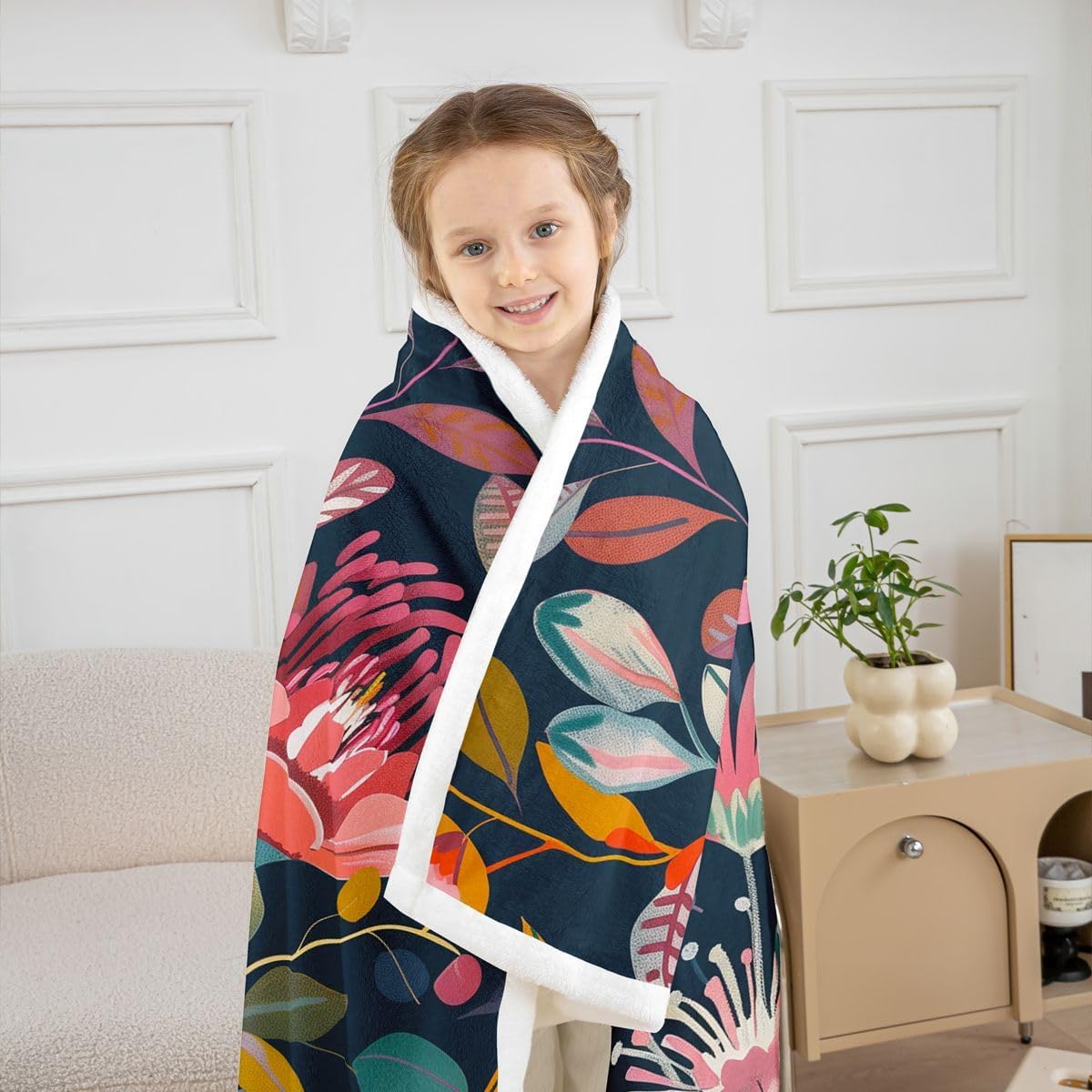 Feelyou Floral Sherpa Throw Blanket for Couch Navy/Pink/Orange Super Soft Cozy Fleece Garden Blanket for Winter, Plush Throw Vintage Floral Baby 30"x40" All Season