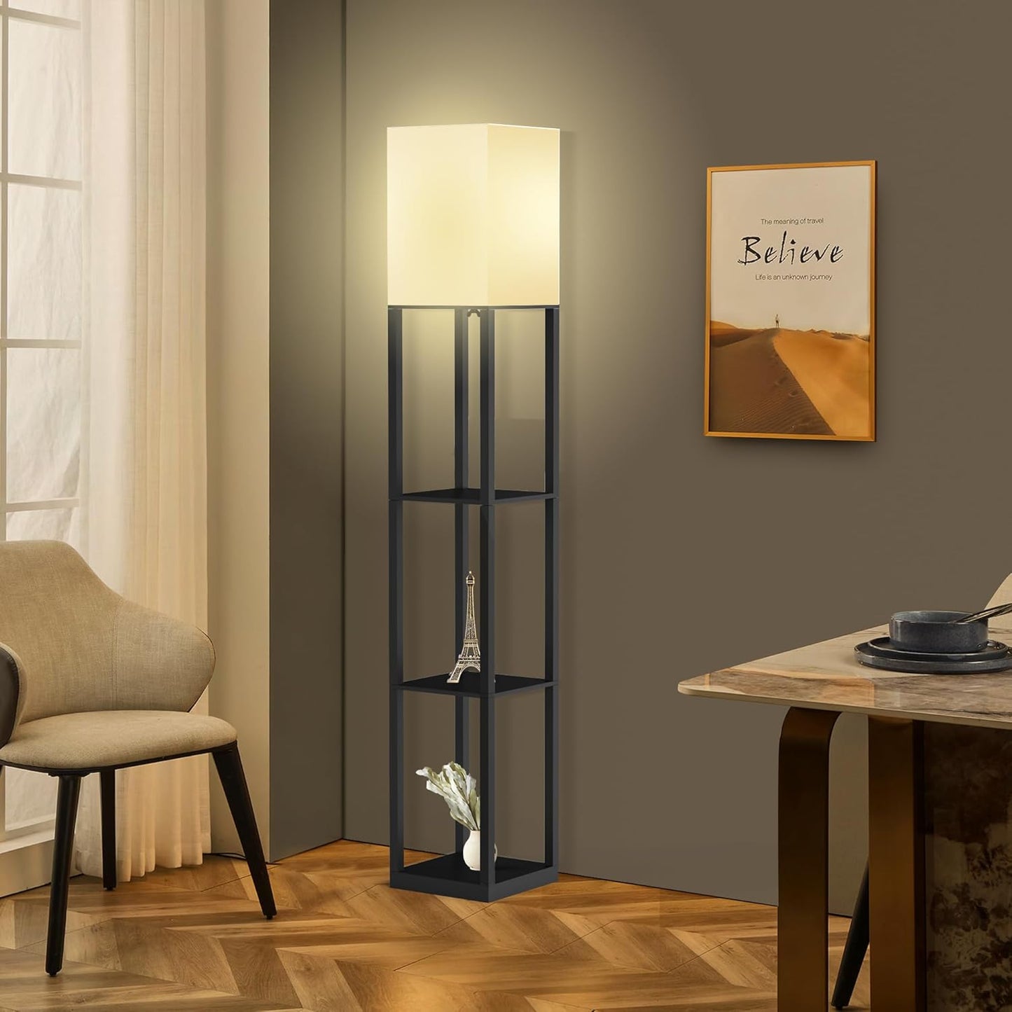 Floor Lamp with Solid Wood Shelves for Living Room, 3-Tier Shelf Standing Lamp with LED Bulb and Pull Chain Switch, Corner Display Bookshelf Lamp for Living Room and Bedroom(Black)