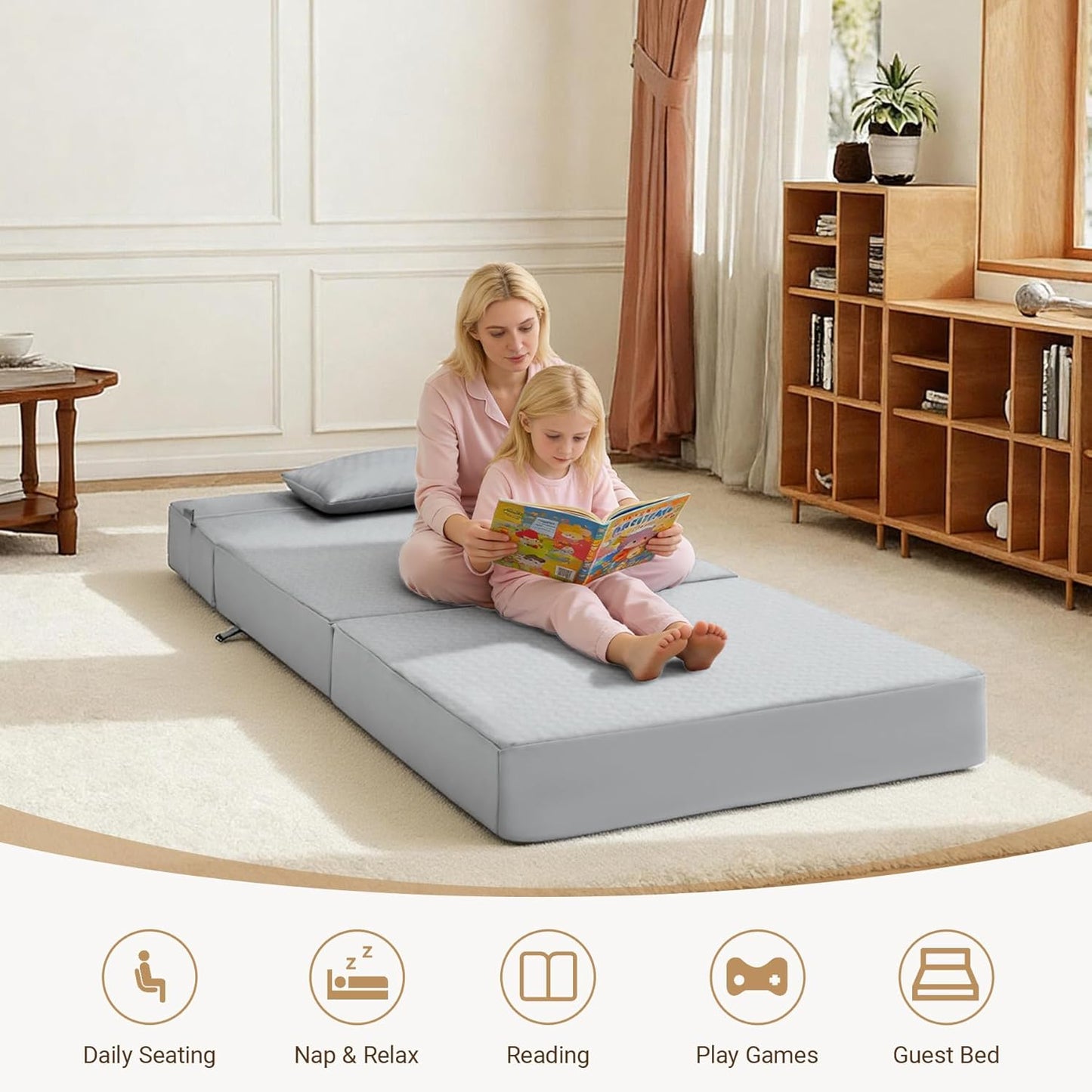 BeBen Folding Sofa Bed, Boneless Foldable Chair Bed, Convertible Futon Sleeper Chair Couch, Twin Lazy Floor Lounger Sofa Couch for Small Spaces, Dorm, Guest Room, Living Room, Apartment, Grey