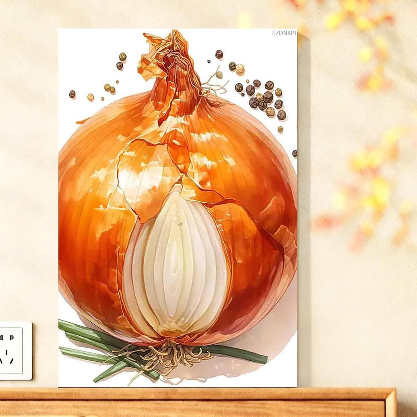 EZDNKPI Onion Watercolor Print Vegetable Art, Botanical Prints Poster Wall Decor, Office Canvas Art for Home Bedroom Living Room Wall Decor Easy to Hang 8x12 Canvas Print with Frame