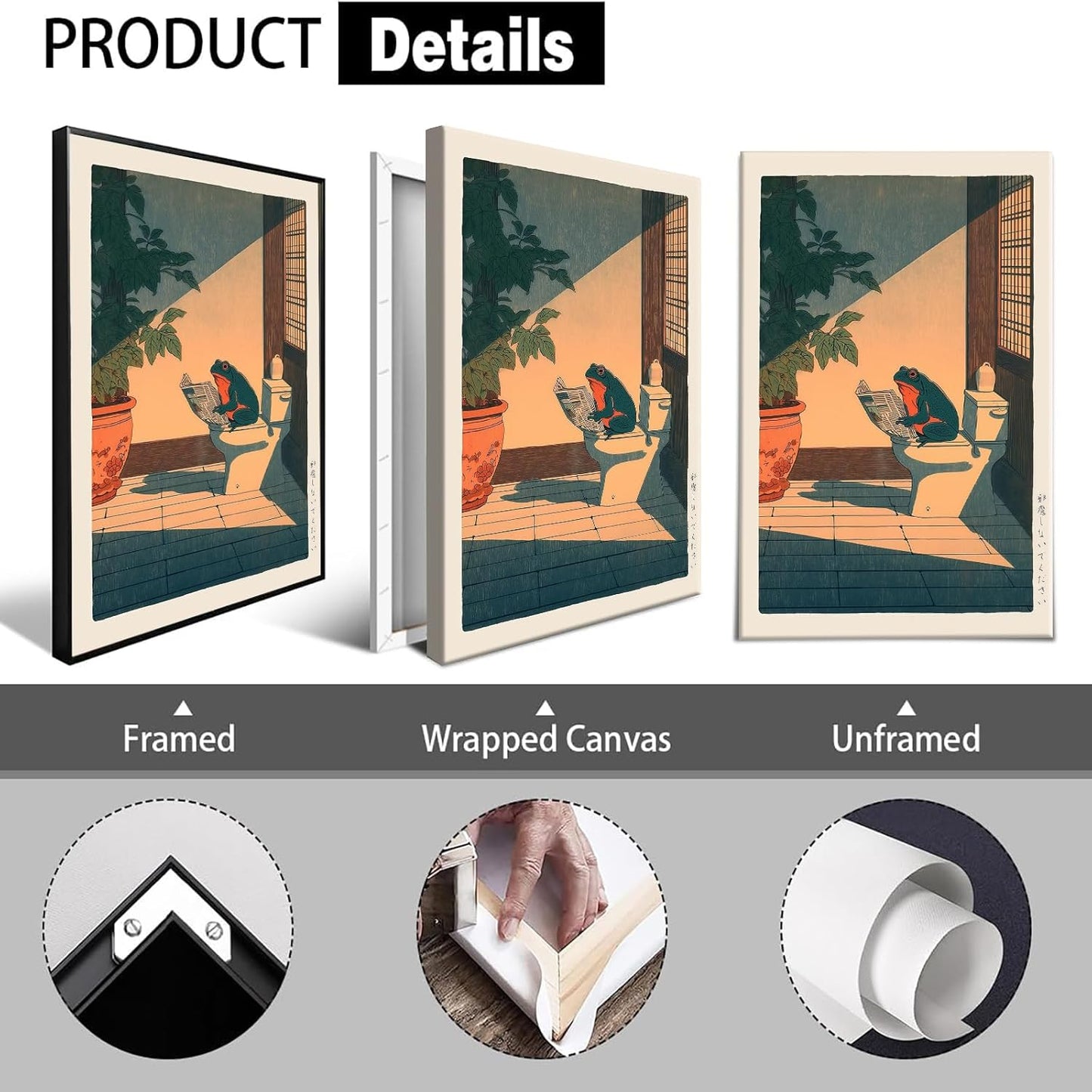 Vintage Frog Bathroom Canvas Wall Art Funny Frog Sitting On The Toilet Reading Newspaper Poster Cute Japan Animal Plants Aesthetic Prints For Home Dorm Toilet Wall Decor 12x16in Unframed